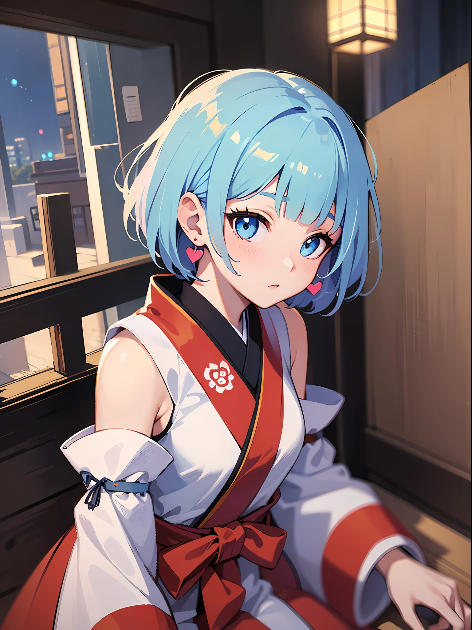 (masterpiece:1.3), (best quality:1.3), high resolution,
looking at viewer, dutch angle, overlook view, couboy shot,
leaning forward, body facing forward,
(one cute girl:1.3), solo,
white skin, small Breast, eight-headed person,
light blue hair, (bobbed hair:1.2), (short hair:1.2), (blunt bangs:1.2), beautiful hair, blue eyes, beautiful detailed eyes,
heart, surprised,
shrine maiden, white and red clothes, detached sleeves, earrings,
indoors, japanese style town,
shadowlighting,