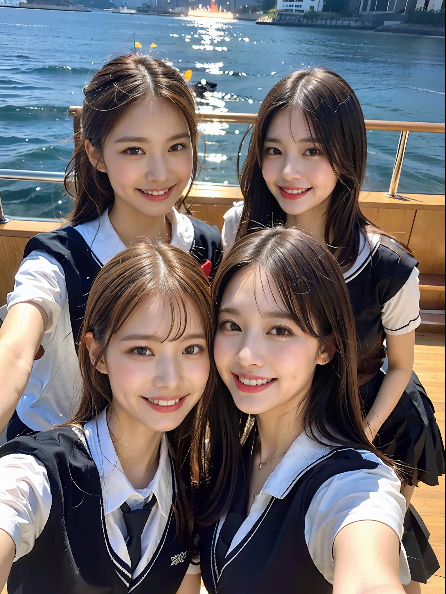 (in 8K、Raw photography、top-quality、​masterpiece:1.2)、ultra-detailliert、ultra res、(realisitic、Real Photographics:1.47)、（Two women huddle together）From  above、Camera from above、Camera angle from above、I'm looking at this with upward eyes、Woman holding hands、Holding hands、High-quality images taken with a camera from above、Luxury liner、Filming on board、（Very beautiful lighting）head to waist、Japanese student uniform、japanese sailor suits、Black uniform and red tie、de pele branca、Fair-skinned female proofreading、An ultra-high picture quality、Beautiful female proofreading reflecting in light、amazing detailed、Beautiful girls in very detailed、Faces with different patterns、Different face patterns、Each hairstyle has its own characteristics、Farbe々Hairstyle、Farbe々Hair color shining with clean light、I enjoy fishing on a boat、Brown hair shining in the light、One has a ponytail、、Modern cute high school girl、very detailed faces very detailed eyes、Very realistic skin、 extremely detailed fingers, highly detailed nose, highly detail mouth, perfect anatomia, Highly detailed sailor suit、、The details of their hair and uniforms shine through、Show your teeth、Realistic body, de pele branca, glistning skin, Slim body,  Long straight hair, (Blunt bangs:1.2), , nixeu and sakimichan, TWICE, Seifuku, sakimichan, JK Uniform, wearing japanese school uniform, promo still, Larisa Manobal, Japan school uniform, japanese girl school uniform, alena aenami and lilia alvarado