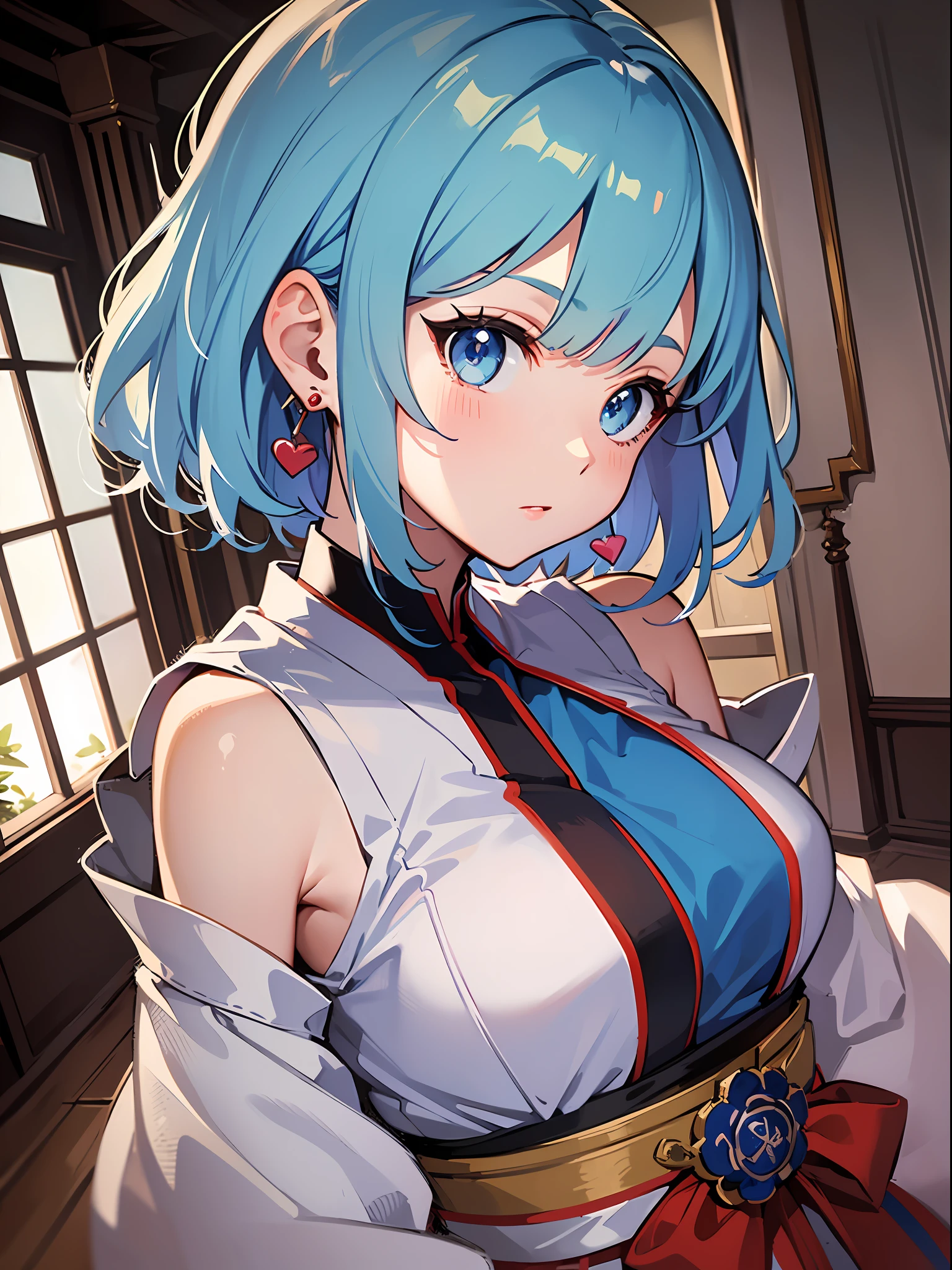 (masterpiece:1.3), (best quality:1.3), high resolution,
looking at viewer, dutch angle, overlook view, couboy shot,
leaning forward, body facing forward,
(one cute girl:1.3), solo,
white skin, small Breast, eight-headed person,
light blue hair, (bobbed hair:1.2), (short hair:1.2), (blunt bangs:1.2), beautiful hair, blue eyes, beautiful detailed eyes,
heart, surprised,
shrine maiden, white and red clothes, detached sleeves, earrings,
indoors, japanese style town,
shadowlighting,