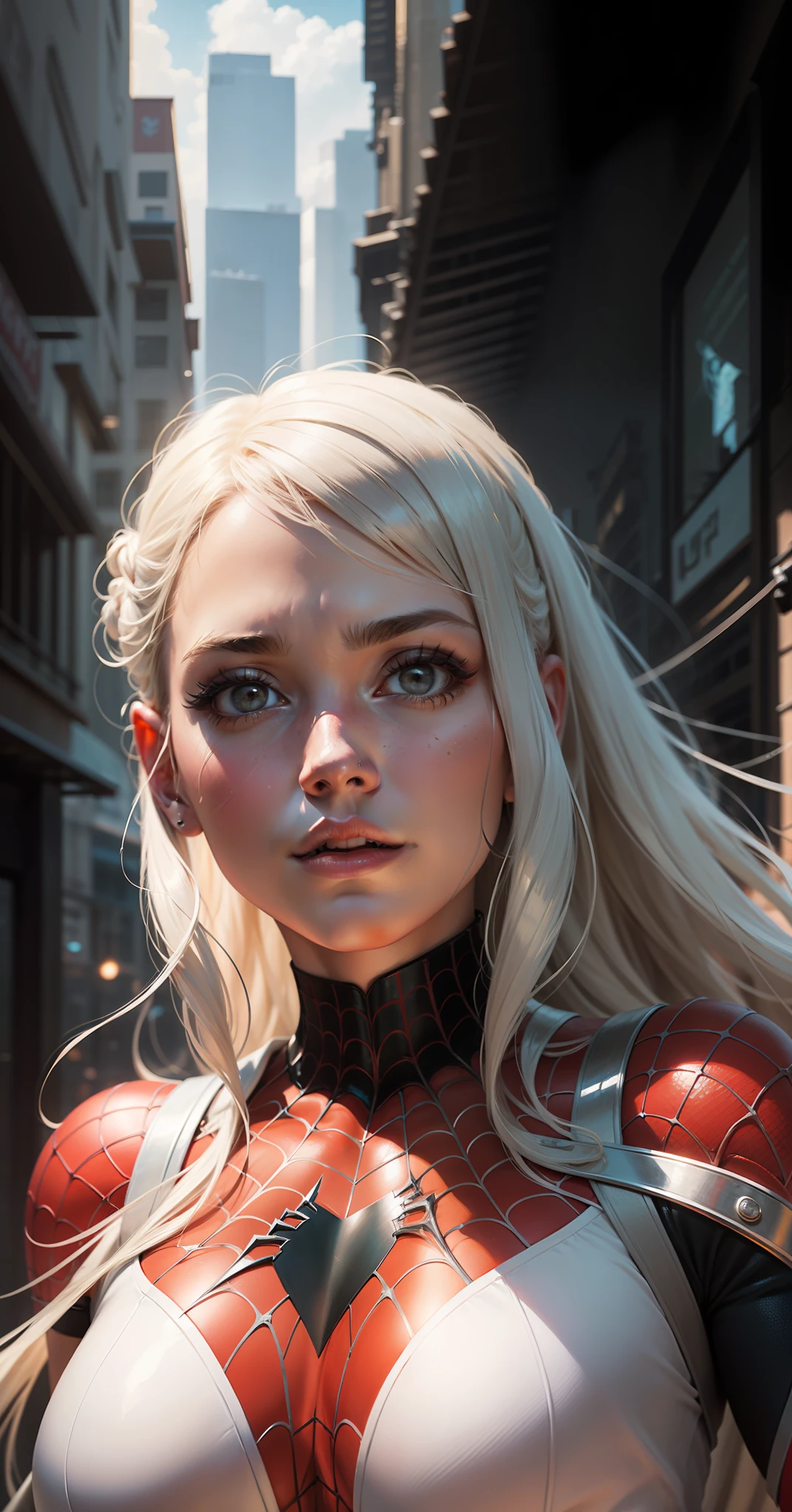 The Prompt mainly describes a 4K painting of ultra-high definition, very realistic, very detailed. It shows a superheroine at the top of the city, wearing a Spider-Man costume. The theme in the painting is a white superhero theme, the female protagonist has long white hair, is 25 years old and her entire body is shown in the painting. In terms of portraying the actions of superheroines, spiders are employed