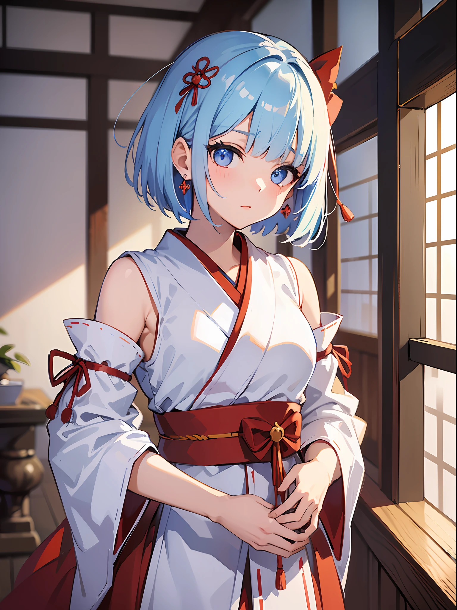 (masterpiece:1.3), (best quality:1.3), high resolution,
looking at viewer, dutch angle, overlook view, couboy shot,
leaning forward, body facing forward,
(one cute girl:1.3), solo,
white skin, small Breast, eight-headed person,
light blue hair, (bobbed hair:1.2), (short hair:1.2), (blunt bangs:1.2), beautiful hair, blue eyes, beautiful detailed eyes,
heart, surprised,
shrine maiden, white and red clothes, detached sleeves, earrings,
indoors, japanese style town,
shadowlighting,