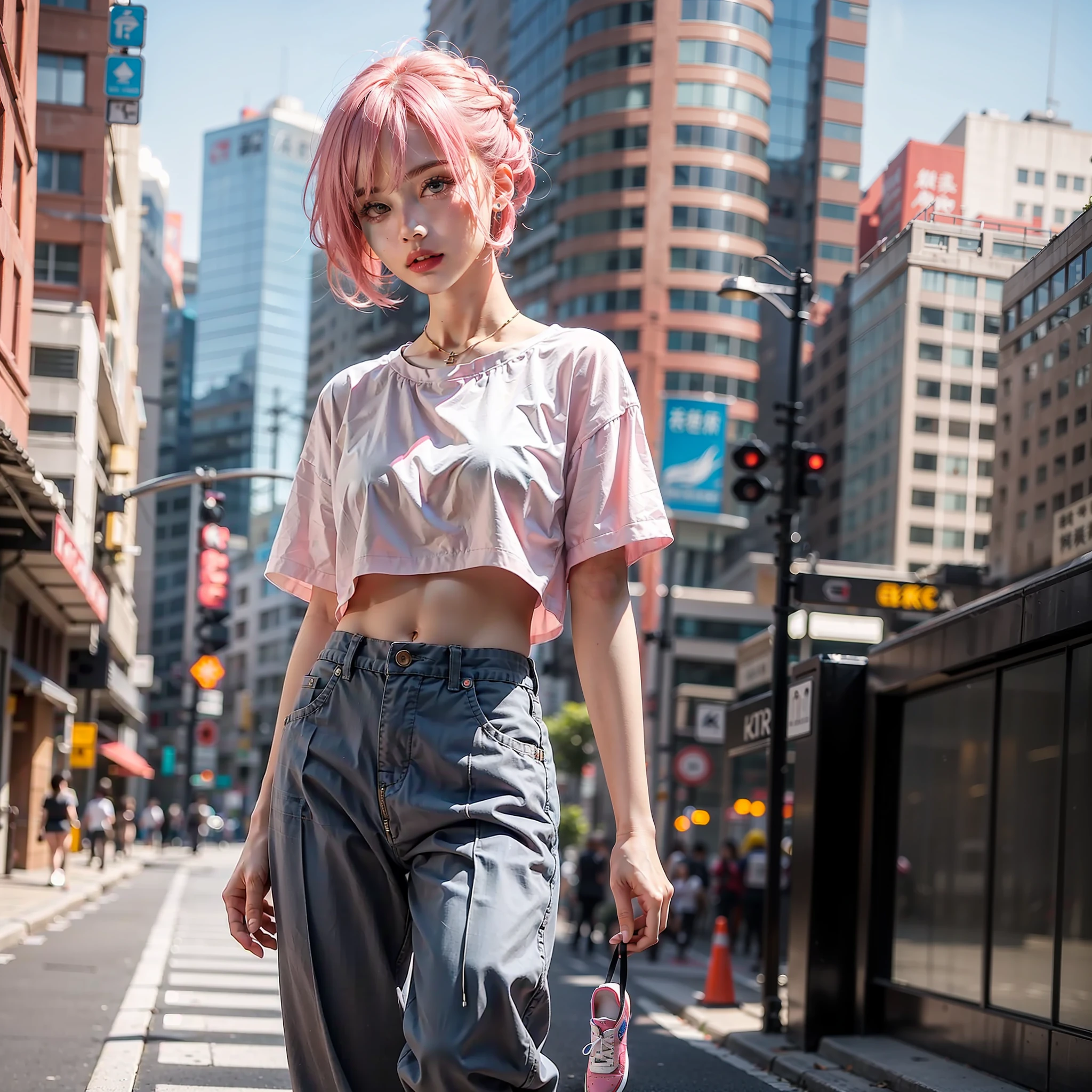 24 years old female model,a matural female,of hair,Very loose pants are pink,Particularly bright light,Short hairstyle,Air Force board shoes