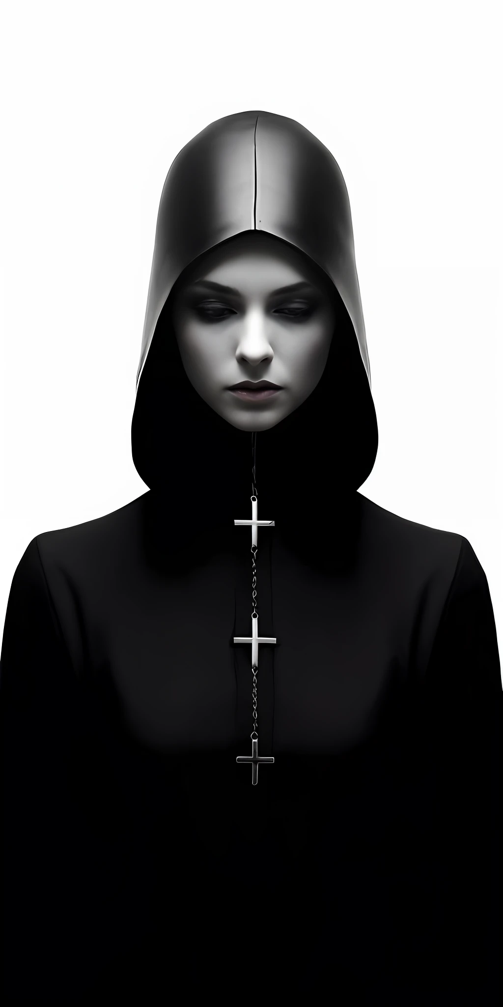 Woman wearing a hoodie, nun woman, saint woman, dark fashion, photography fashion