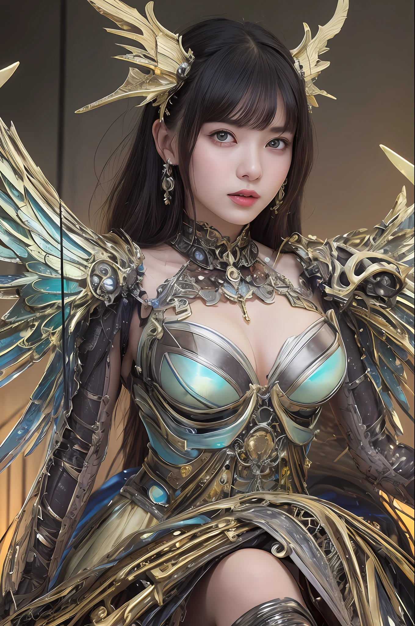 top-quality、masterpiece、超A high resolution、(Photorealsitic:1.4)、Raw photo、女の子1人、Black hair、glowy skin、1 Mechanical Angel、large metal wings、Shining Angel Circle、((super realistic details))、portlate、globalillumination、Shadow、octan render、8K、ultrasharp、Colossal tits、Raw skin is exposed in cleavage、metals、Details of complex ornaments、Steampunk details、Hydraulic cylinder、highly intricate detail、Realistic light、a purple eye、radiant eyes、Facing the camera、neon details、Mechanical limbs、blood vessels connected to tubes、Mechanical vertebrae attached to the back、mechanical cervical attaching to neck、sitting on、Wires and cables connecting to the head、Small LED lamp、Sumerian details、