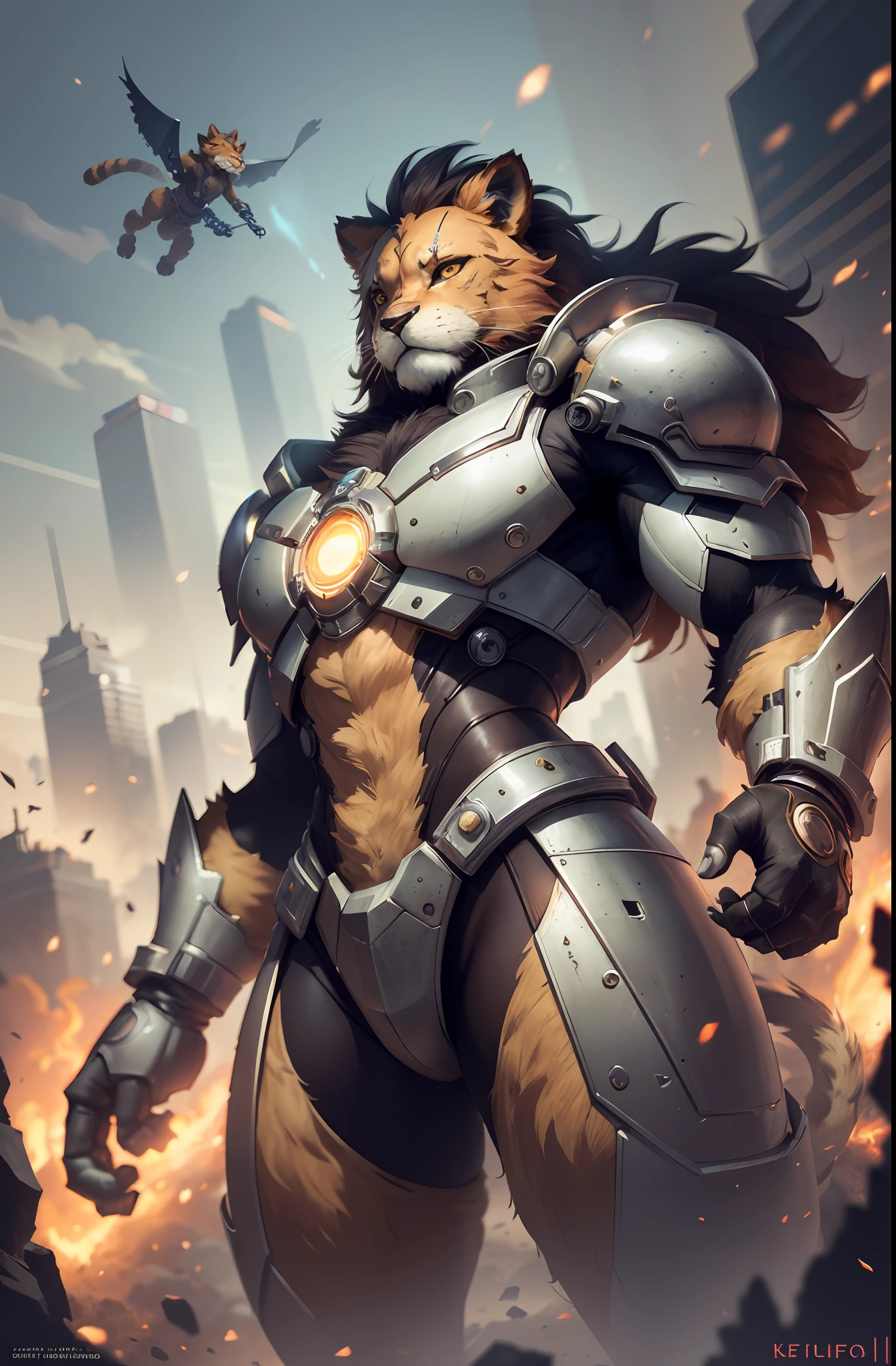 Dutch Angle, perspective, top quality, flying though the air, masterpiece, Dark Fantasy, Cyberpunk, steam punk(super handsome boy, single, kemono)Mechanical marvel, Robotic presence, Cybernetic guardian, wearing a worn-out mech suit, intricate(steel metal, rusty)(furry anthro:1.7)(Furry body, LION facial features, LION body features)elegant, clear focus, shot by greg rutkowski, soft lighting, vibrant colors, Beam from the palm, masterpiece, cowboy shot, dynamic pose, hero pose,