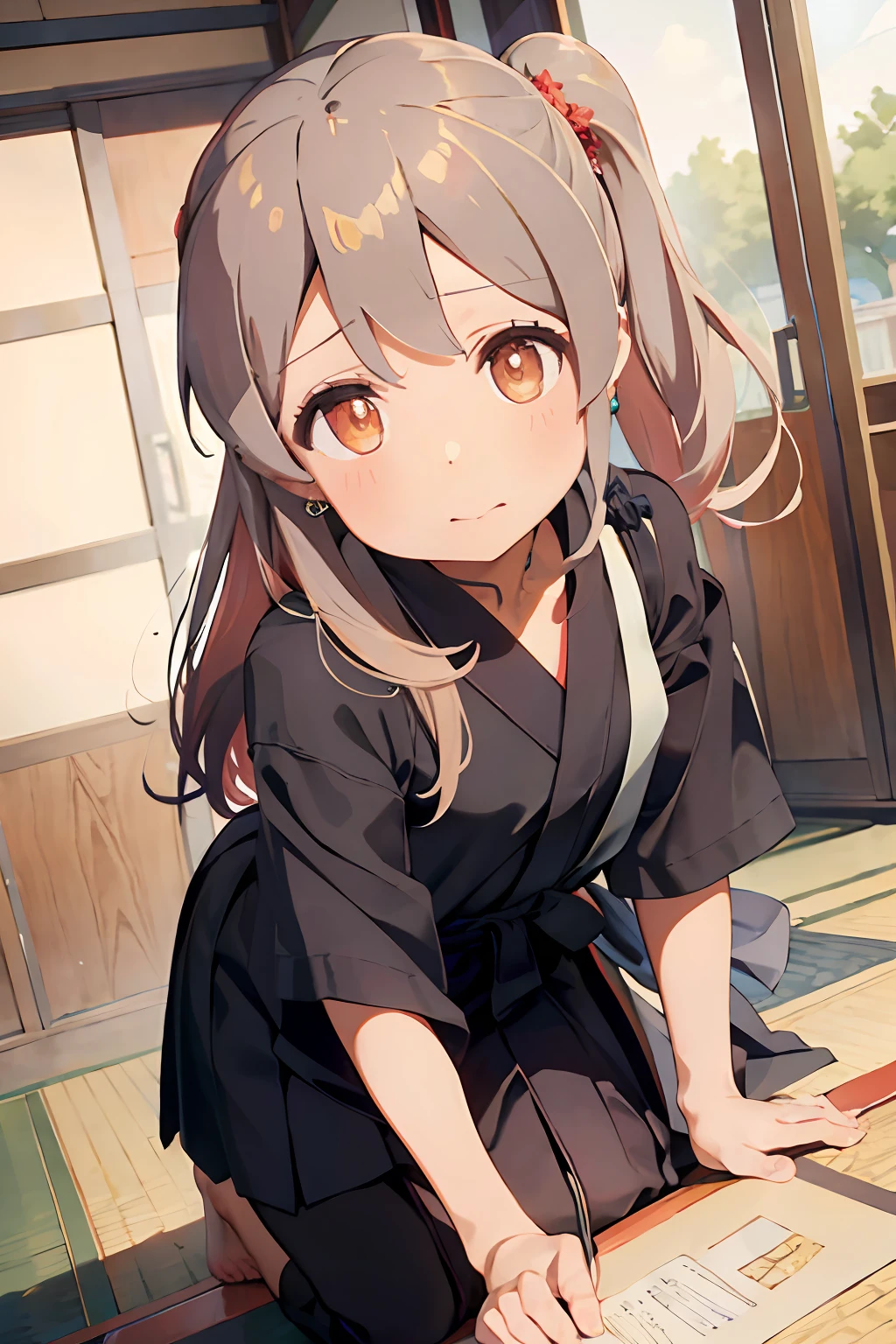 A high resolution,4K,k hd,Highly detailed face,Well drawn hands,Well drawn legs,Well drawn feet,(((Well drawn eyes))),Floating hair,Delicate and agile eyes,Starry pupils,Intricate damask hanfu,Gorgeous accessories,Wearing pearl earrings,fov,F1.8,tmasterpiece,Complexscenes,Petals flying,Frontal portrait shot,Chang'e,Oyama Makoto,Black yukata