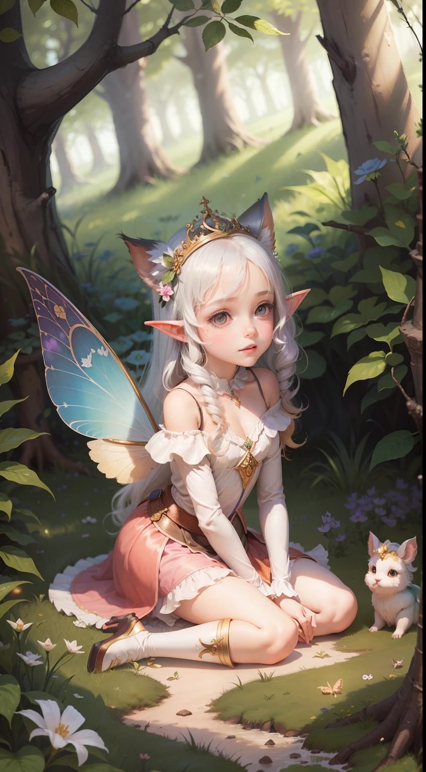 Fairy tale picture book，Cute  princess and her little animals，the elf，Transparent wings，Dreamy，high qulity，16K resolution，（best qualtiy），（tmasterpiece），super-fine，Detailed pubic hair，Accurate