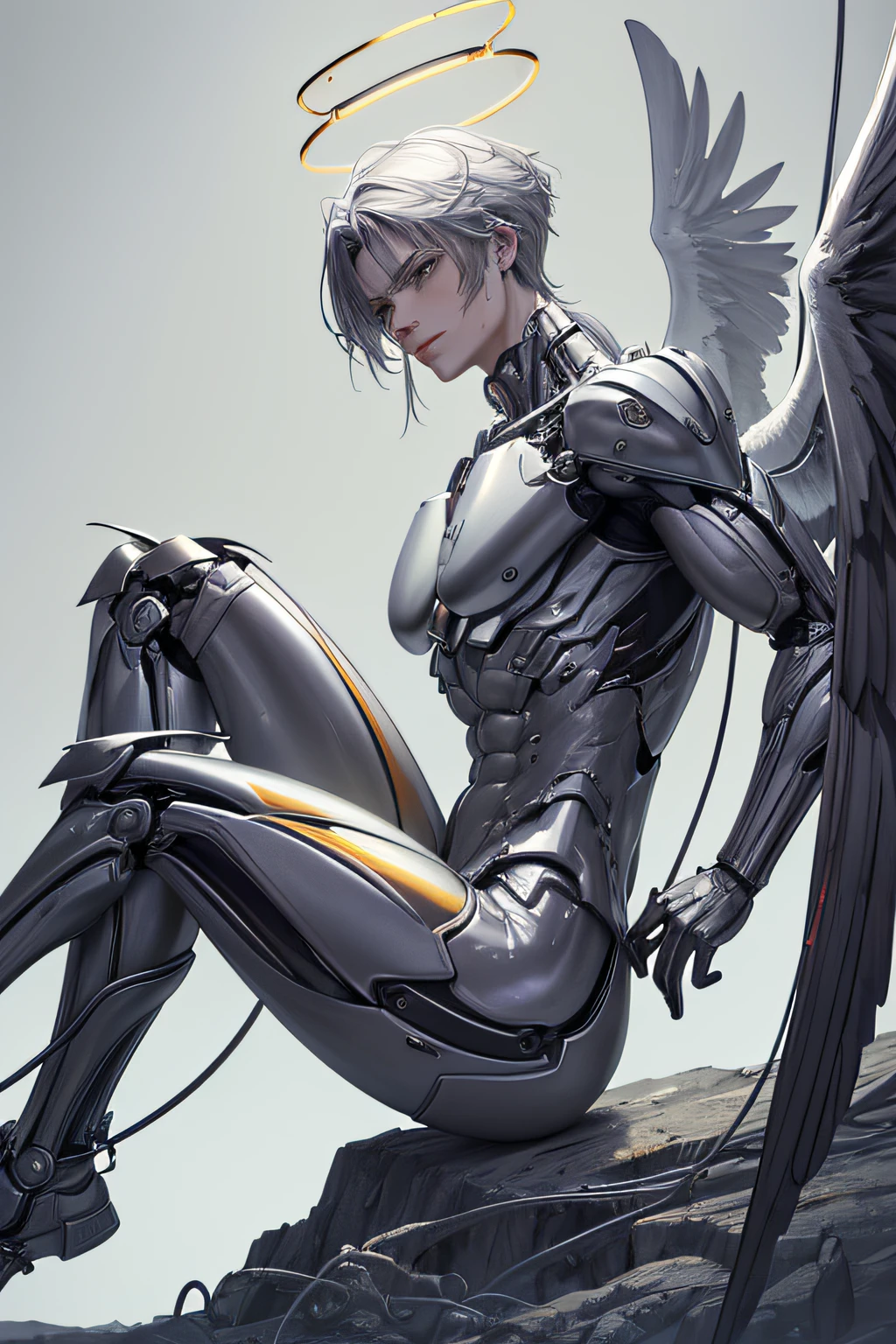 ((((masterpiece))), ((best quality))), ((ultra-detailed)), (CG illustration), ((an extremely buff and muscular)),(from side),cinematic light, ((1 mechanical man)), single, full-body, (machine-made joint: 1.2), ( (mechanical limbs)), (blood vessels connected to tubes), (mechanical spine connected to back), ((mechanical cervical vertebrae attached to neck)),((mechanical angel- like wings attached to back)), (halo), (sitting), serious grin, (wires and cables around the neck: 1.2), (wires and cables on the head: 1.2) (character focus), sci-fi, extremely buff, colored, the finest grey hair, yellow eyes, in battle, (knotted), (killing), (1 immortal)