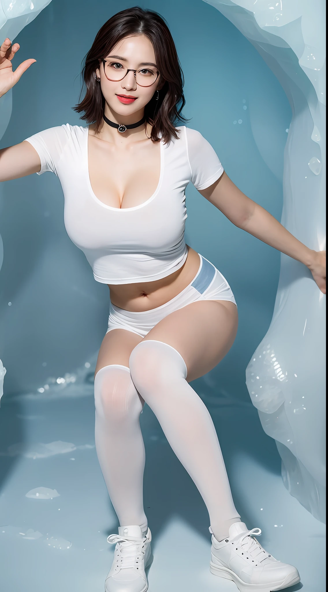 ((midnight, Need, 8K, tmasterpiece:1.3)), A whole body, Long legs, Focalors:1.2, Plump body,perfect figure beautiful woman:1.4,((Dark brown hair, huge tit:1.2 )), (Low-cut white T-shirt, Deep V white T-shirt,Skinny white T-shirt,blackstockings,short skirt,White sneakers), ((ice cave)), crowd of,Highly detailed facial and skin texture, A detailed eye, 二重まぶた,wears glasses,crisp breasts,Smile with,Bigger breasts, Wavy hair,crisp breasts,Get wet,Sweat profusely,Red lips,Wear earrings,wearing a choker,Wear a bracelet,orgy,Rejoice,Hot dance,Perfect chest shape,drink,vibrancy,Heaty,wildness,huge tit,Bigchest,beautifullegs,Full body like,Whole body,chest,beautifullegs
