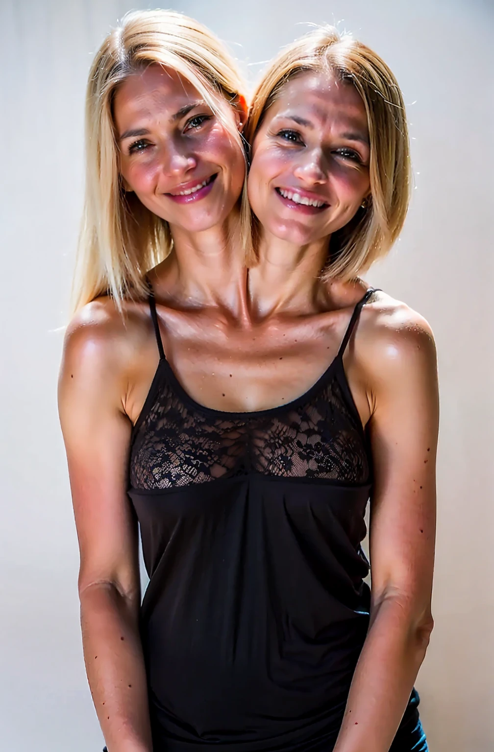 2heads, two headed girl, mom and daughter, (different ages:1.5), (one torso:1.5), (female:1.5), (caucasian:1.5), (two heads attached to one body:1.4), conjoined twins, heads side by side, one torso, young, uncomfortable, barefoot