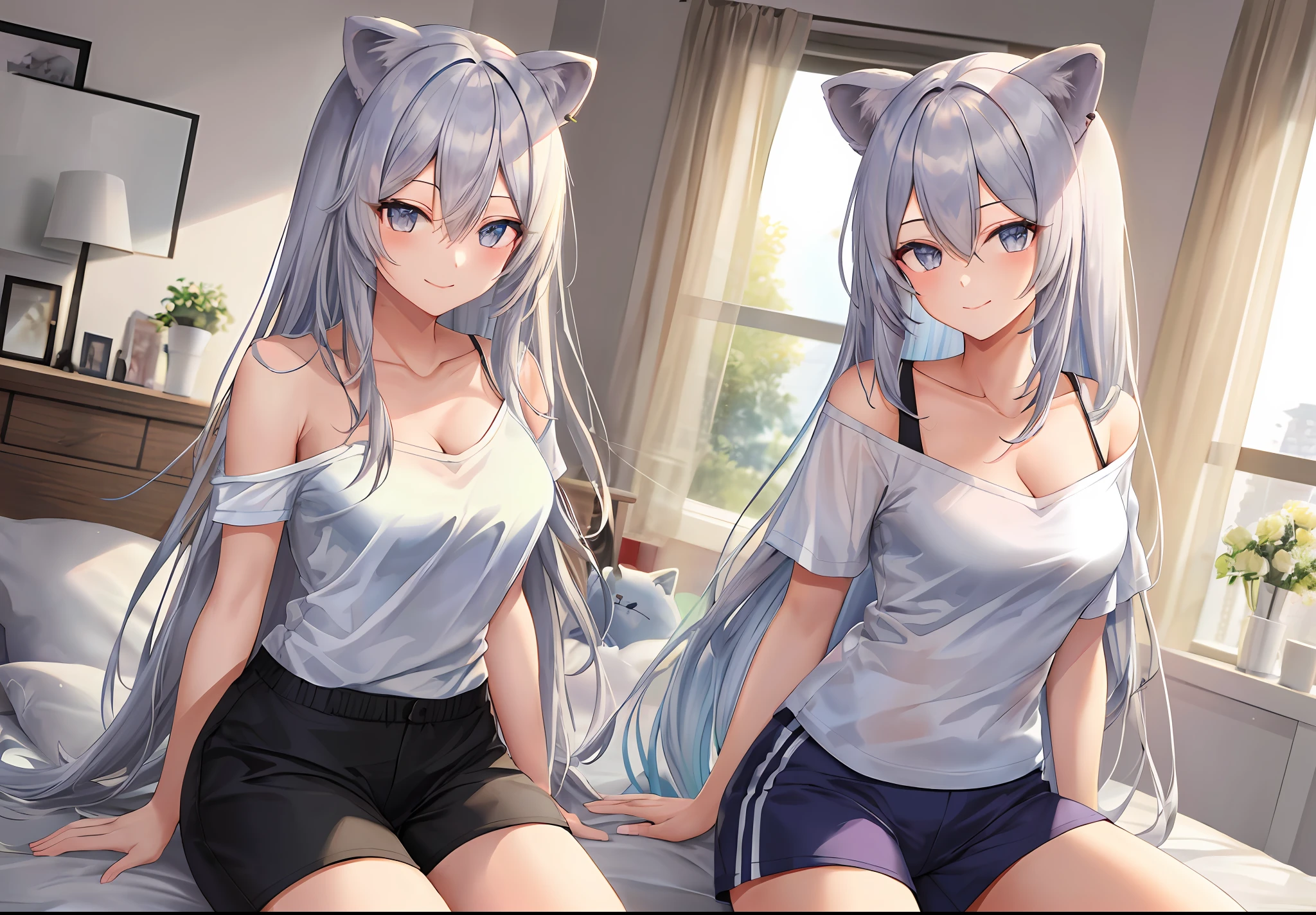 (masterpiece:1.3), (absurdres:1.3), (best quality:1.3), (ultra-detailed:1.3),(best shadow:0.7), (handled hair), ,perfect anatomy, 1girl, solo, botan, silver hair, silver eyes, long hair, lion ears, very long hair, bangs, hair between eyes, large breasts, single bare shoulder shirt long, white shirt, sport_shorts, indoors, bedroom, sitting on bed, slightly smile, look at viewer, printed shirt,