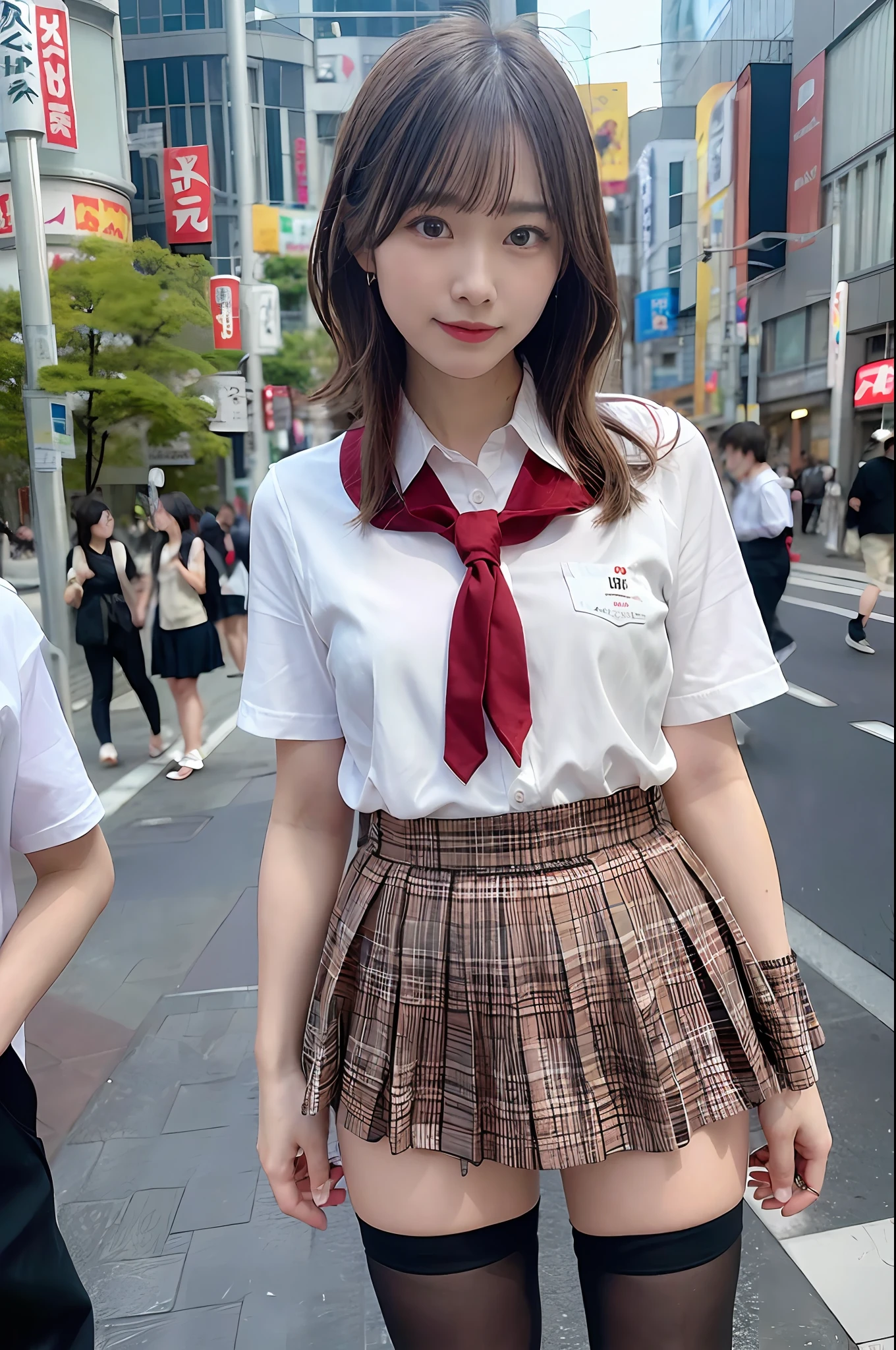Ultra top quality, masterpiece, ultra high resolution, (photorealistic: 1.4), highly detailed CG Unity 8k wallpaper, detailed and complex, original, high resolution, raw photos, (perfect body shape), finely complex, DSLR, soft lighting, high quality, film grain, depth of field, Leica camera, 50mm lens, backlight, HDR, hyperrealistic, color grade, dynamic pose, portrait, Japan person, smile, lips, short hair, bangs, (crowded Akihabara: 1.2), front view viewer, natural light, girl, 20 years old, full body, solo, student, high school, uniform, sailor color, bobby socks, pleated skirt, daytime, street, deep shadow, cute, beauty, modest, cold light 12000K\\ street, store state, Akihabara, Shinjuku, Shibuya, Ikebukuro, detailed realism, skin texture, super detailed, realistic skin texture, (dramatic, award-winning photos, incredible masterpieces: 1.3)