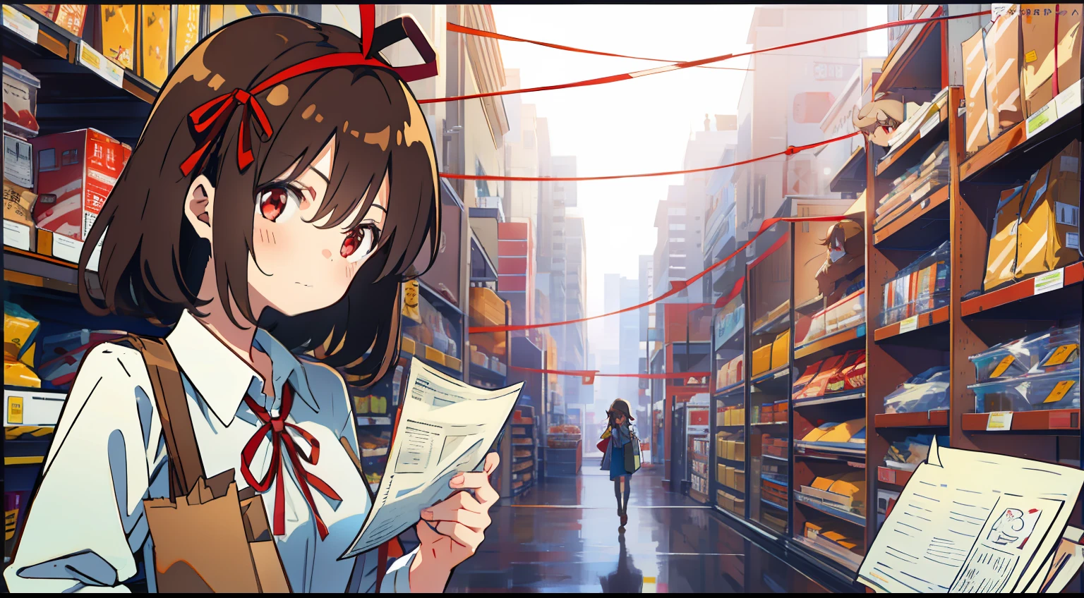 One girl、、Brown hair、Red ribbon on head、red eyes、One knot、Straight face、shopping、A delightful、Plain clothe、Have a paper bag