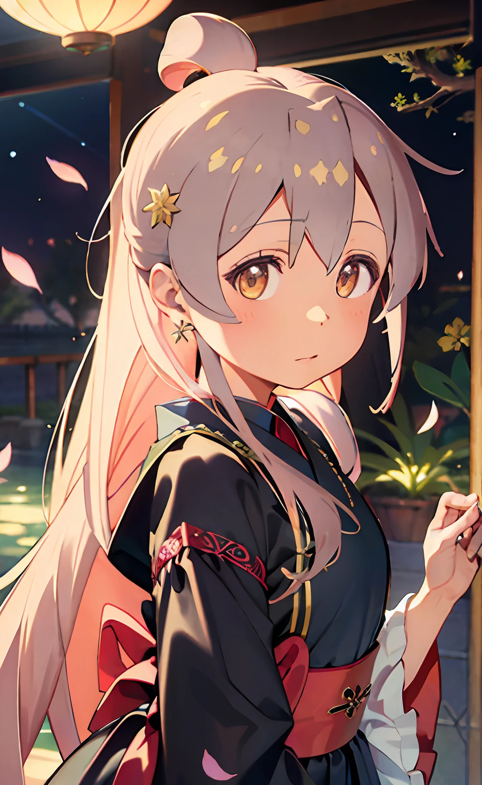 A high resolution,4K,k hd,Highly detailed face,Well drawn hands,Well drawn legs,Well drawn feet,(((Well drawn eyes))),Floating hair,Delicate and agile eyes,Starry pupils,Intricate damask hanfu,Gorgeous accessories,Wearing pearl earrings,fov,F1.8,tmasterpiece,Complexscenes,Petals flying,Frontal portrait shot,Chang'e,Oyama Makoto,Black yukata