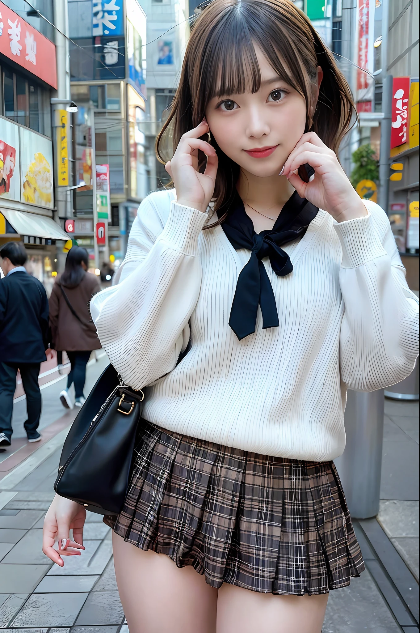 Ultra top quality, masterpiece, ultra high resolution, (photorealistic: 1.4), highly detailed CG Unity 8k wallpaper, detailed and complex, original, high resolution, raw photos, (perfect body shape), finely complex, DSLR, soft lighting, high quality, film grain, depth of field, Leica camera, 50mm lens, backlight, HDR, hyperrealistic, color grade, dynamic pose, portrait, Japan person, smile, lips, short hair, bangs, (crowded Akihabara: 1.2), front view viewer, natural light, girl, 20 years old, full body, solo, student, high school, uniform, sailor color, bobby socks, pleated skirt, daytime, street, deep shadow, cute, beauty, modest, cold light 12000K\\ street, store state, Akihabara, Shinjuku, Shibuya, Ikebukuro, detailed realism, skin texture, super detailed, realistic skin texture, (dramatic, award-winning photos, incredible masterpieces: 1.3)