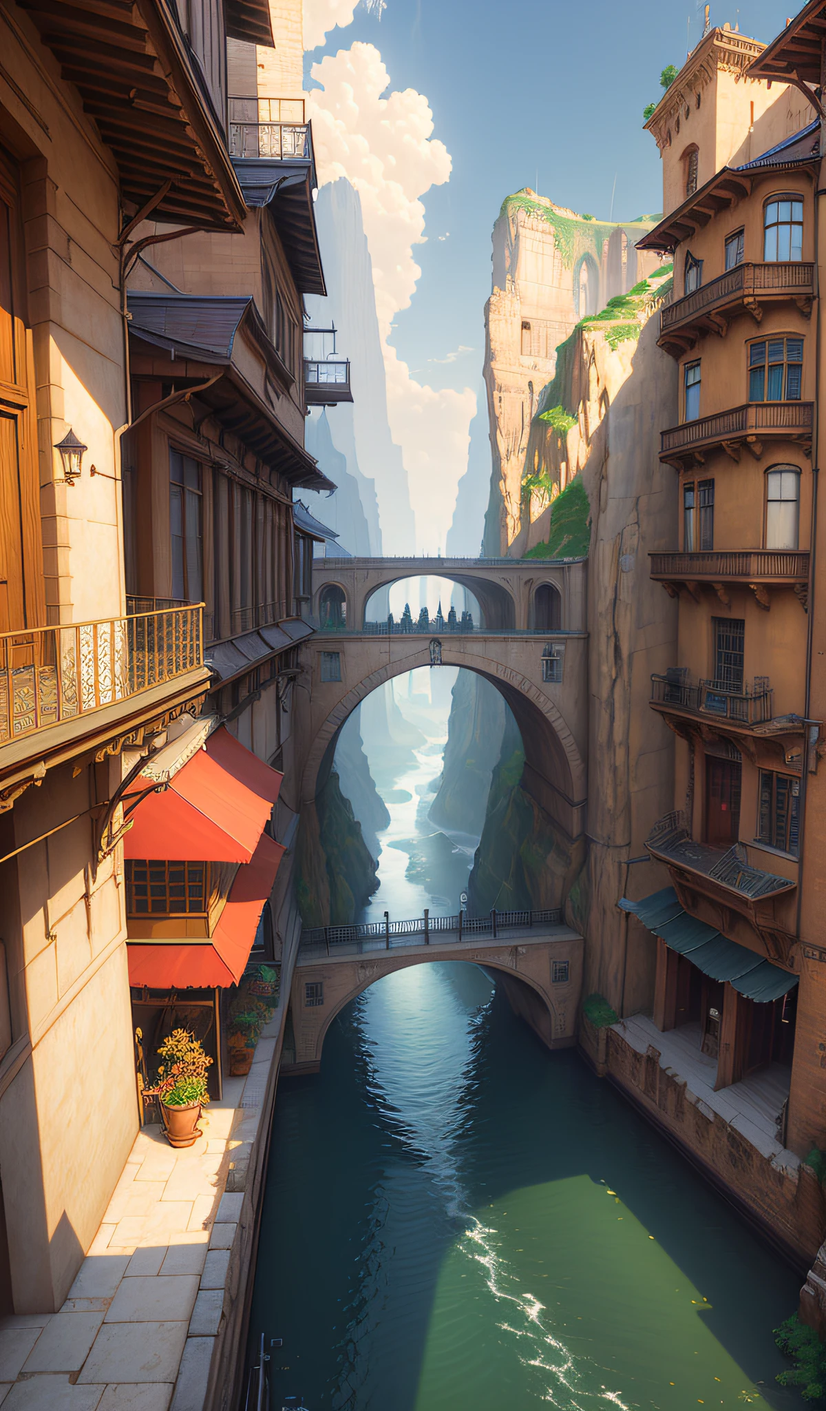 ((masterpiece)),((best quality)),((high detial)),((realistic,)) Industrial age city, deep canyons in the middle, architectural streets, bazaars, Bridges, rainy days, steampunk, European architecture
