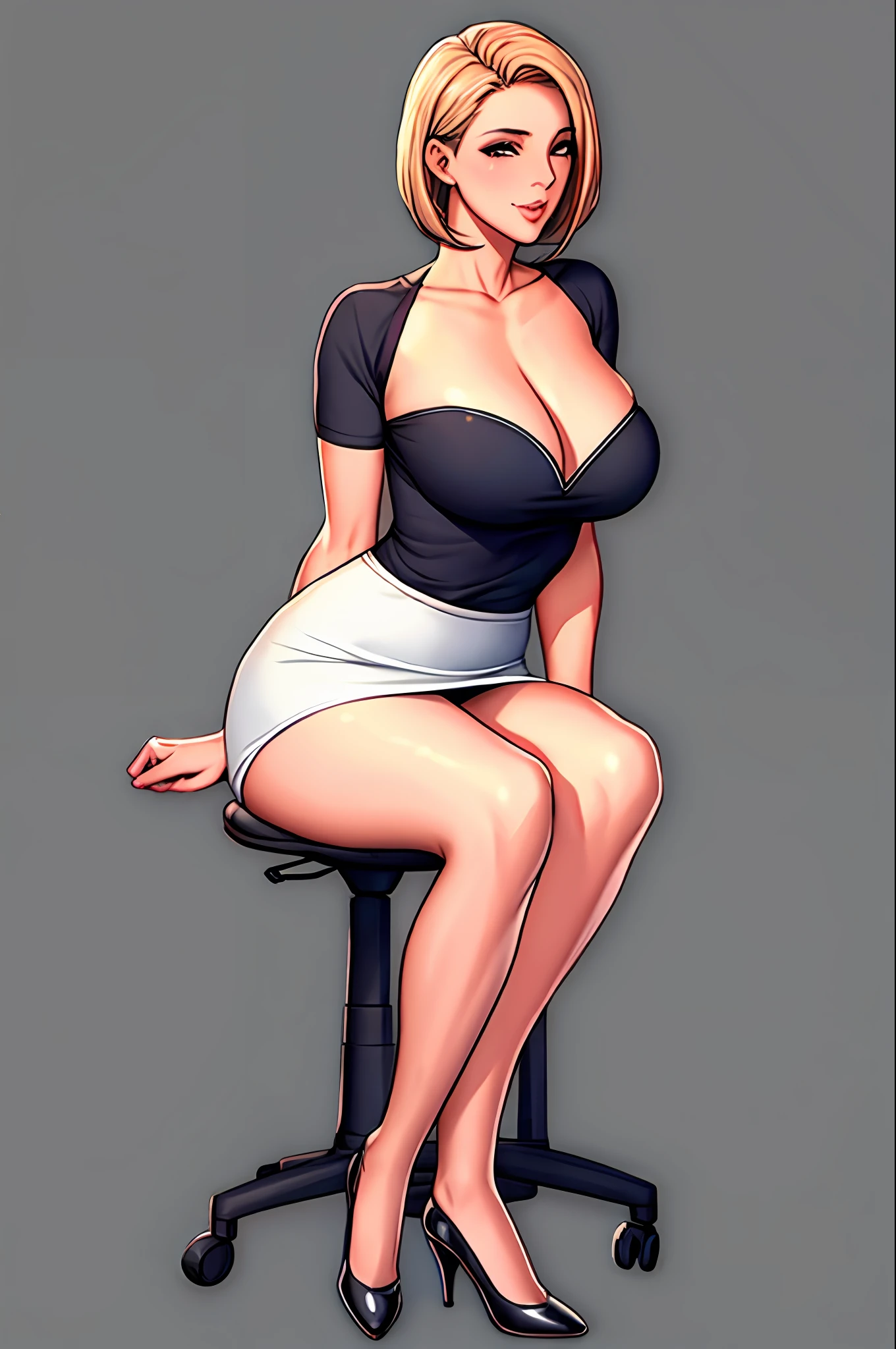big tits, seductive, motherhood, at_the_CEO_office, looking at the audience, sexy, full body, CEO lady, (mature woman, milf: 1.1), solo, (curve: 1.1), milf, modern office background, high heels, blonde hair, bob haircut, nfsw, stand, white tube dress, white short skirt, closeup face, absolute tube top