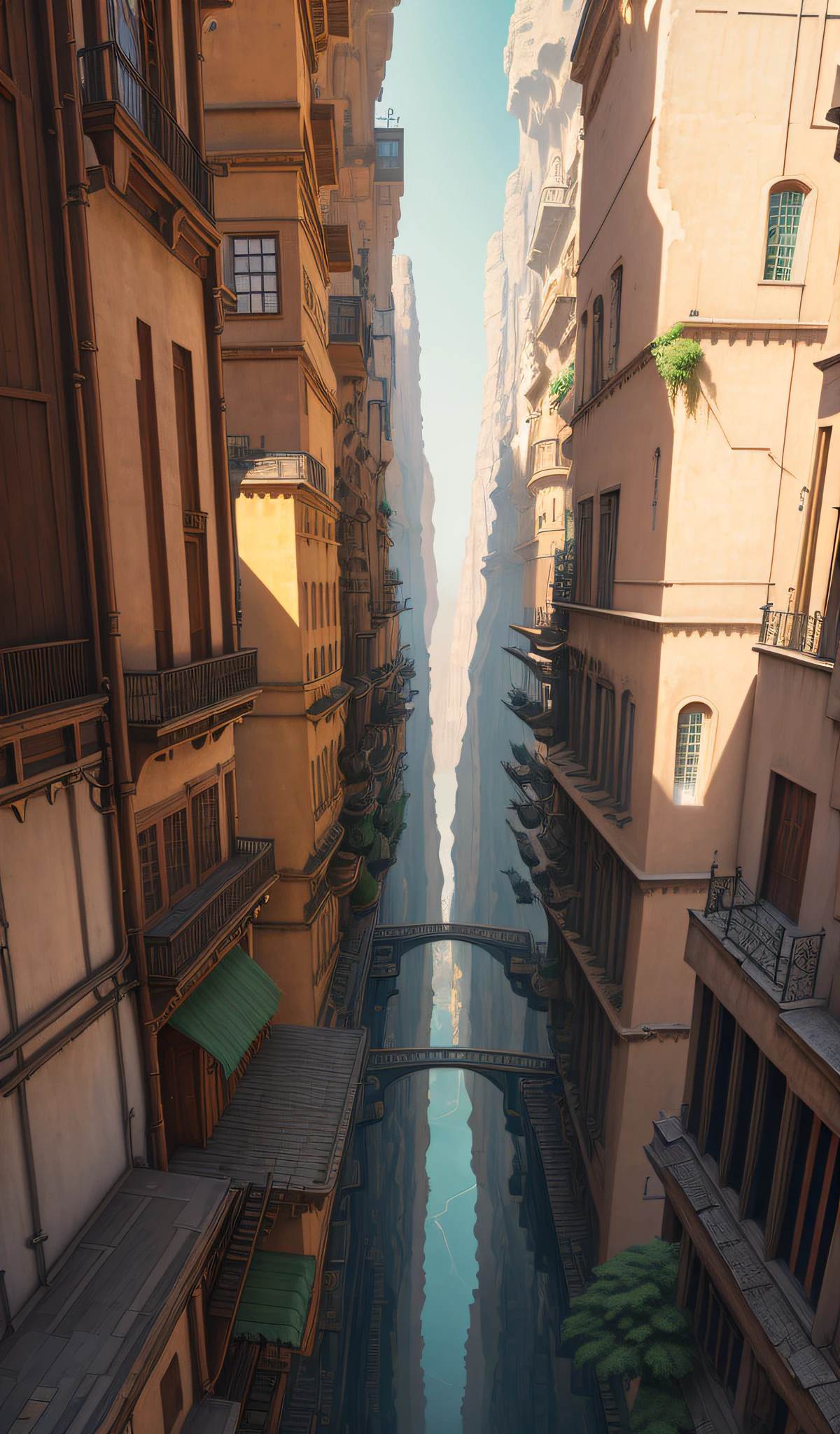((masterpiece)),((best quality)),((high detial)),((realistic,)) Industrial age city, deep canyons in the middle, architectural streets, bazaars, Bridges, rainy days, steampunk, European architecture