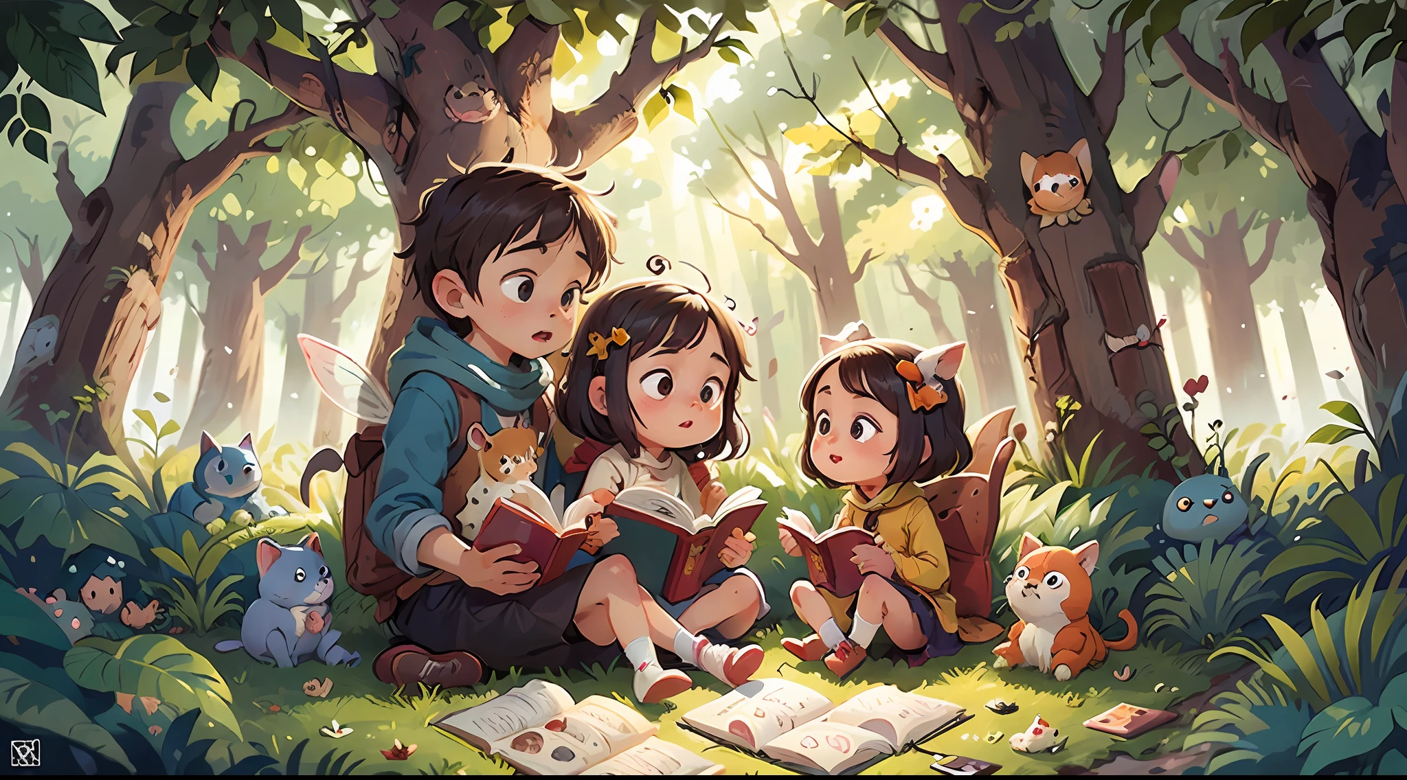 Fairy tale picture book，Children，looking at book，Sat down，Cute little animals around，Convivial atmosphere