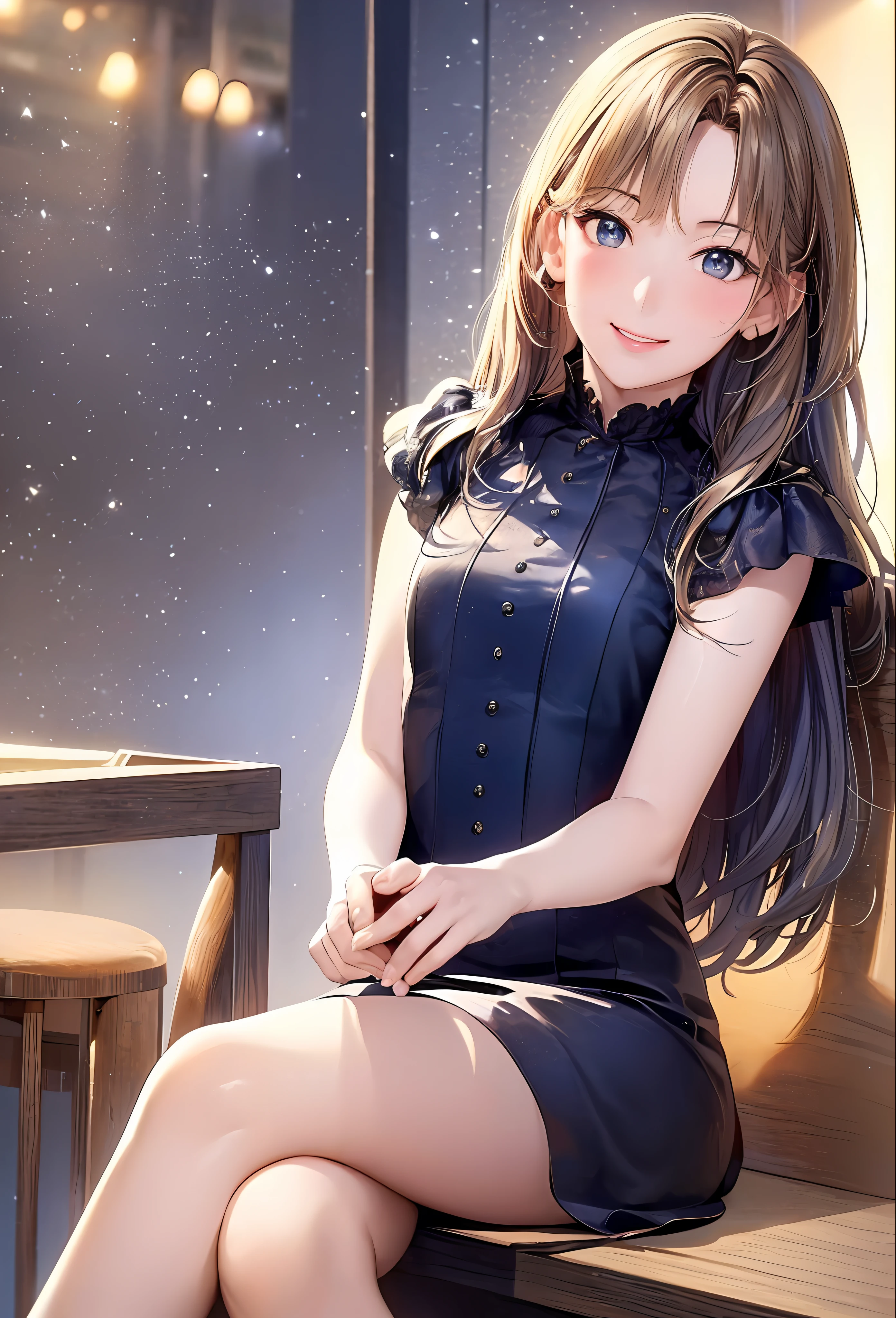 (8k, top quality, masterpiece: 1.2), (realistic, photorealistic: 1.37), super detailed, girl single, cute, solo, midnight, beautiful detailed sky, detailed café, sitting, date, (blush), (smile: 1.15), small breasts (mouth closed), beautiful fine eyes, floating hair NovaFrogStyle, back open dress