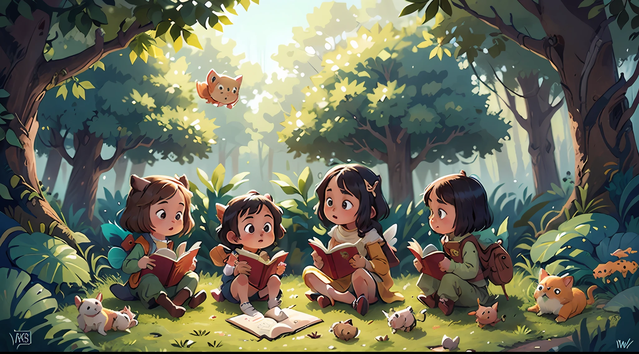 Fairy tale picture book,Children,looking at book,Sat down,Cute little animals around,Convivial atmosphere