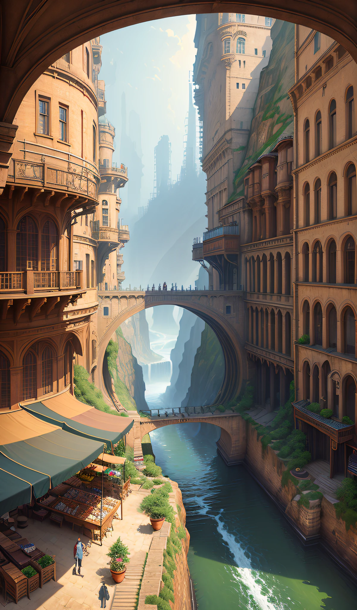((masterpiece)),((best quality)),((high detial)),((realistic,)) Industrial age city, deep canyons in the middle, architectural streets, bazaars, Bridges, rainy days, steampunk, European architecture