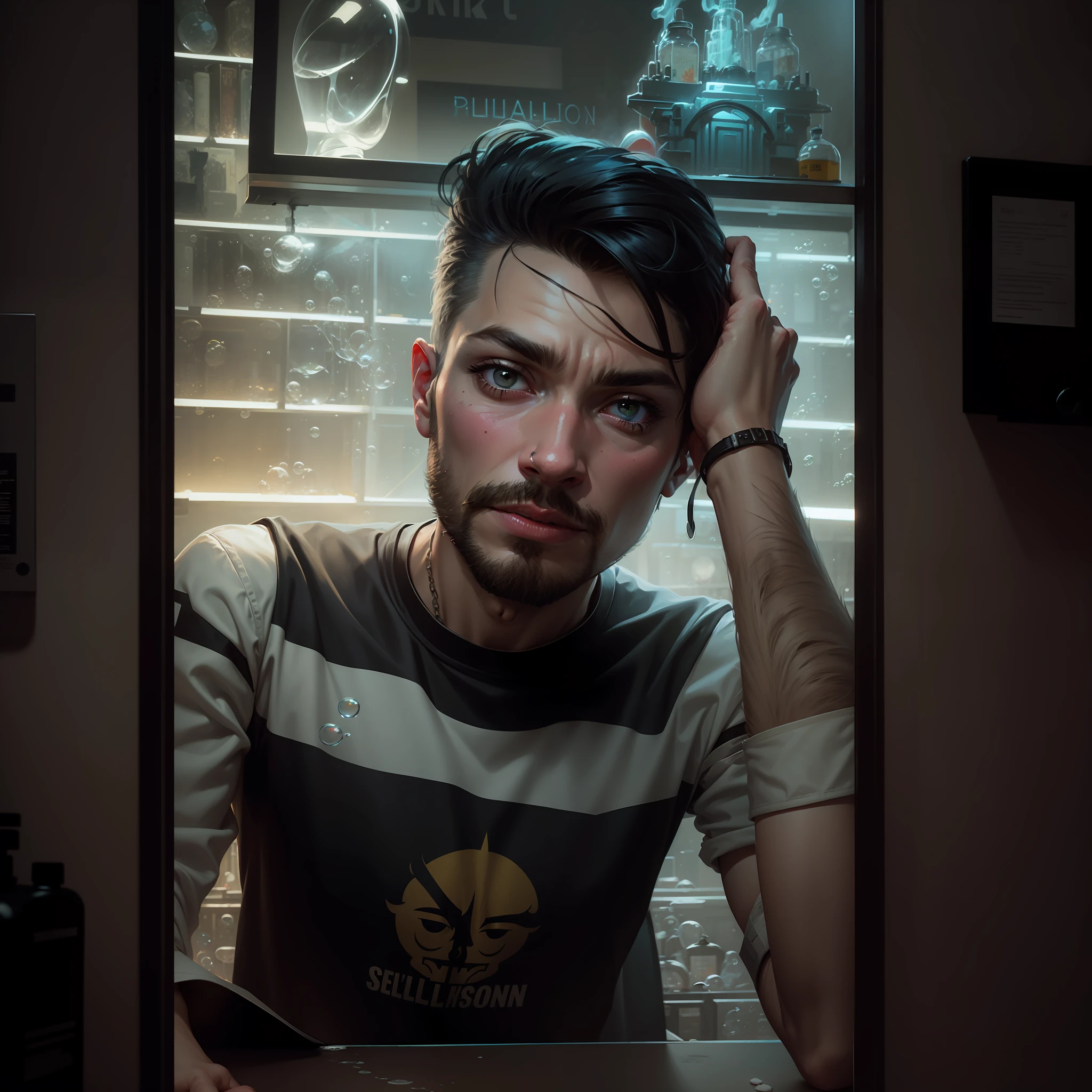 snthwve style nvinkpunk drunken beautiful man as delirium from sandman, (hallucinating colorful soap bubbles), by jeremy mann, by sandra chevrier, by dave mckean and richard avedon and maciej kuciara, punk rock, tank girl, high detailed, 4k, RTX