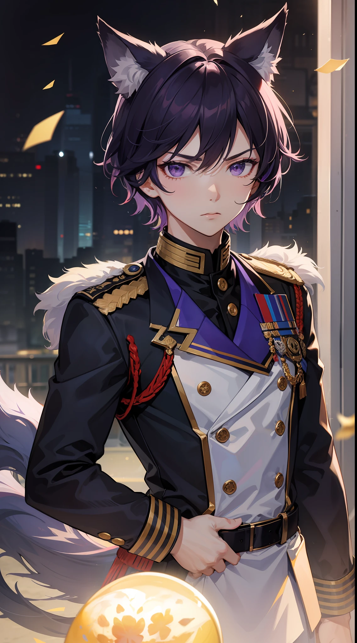 Young guy, short purple hair, violet eyes, wolf ears, General's uniform, anger, Masterpiece, hiquality