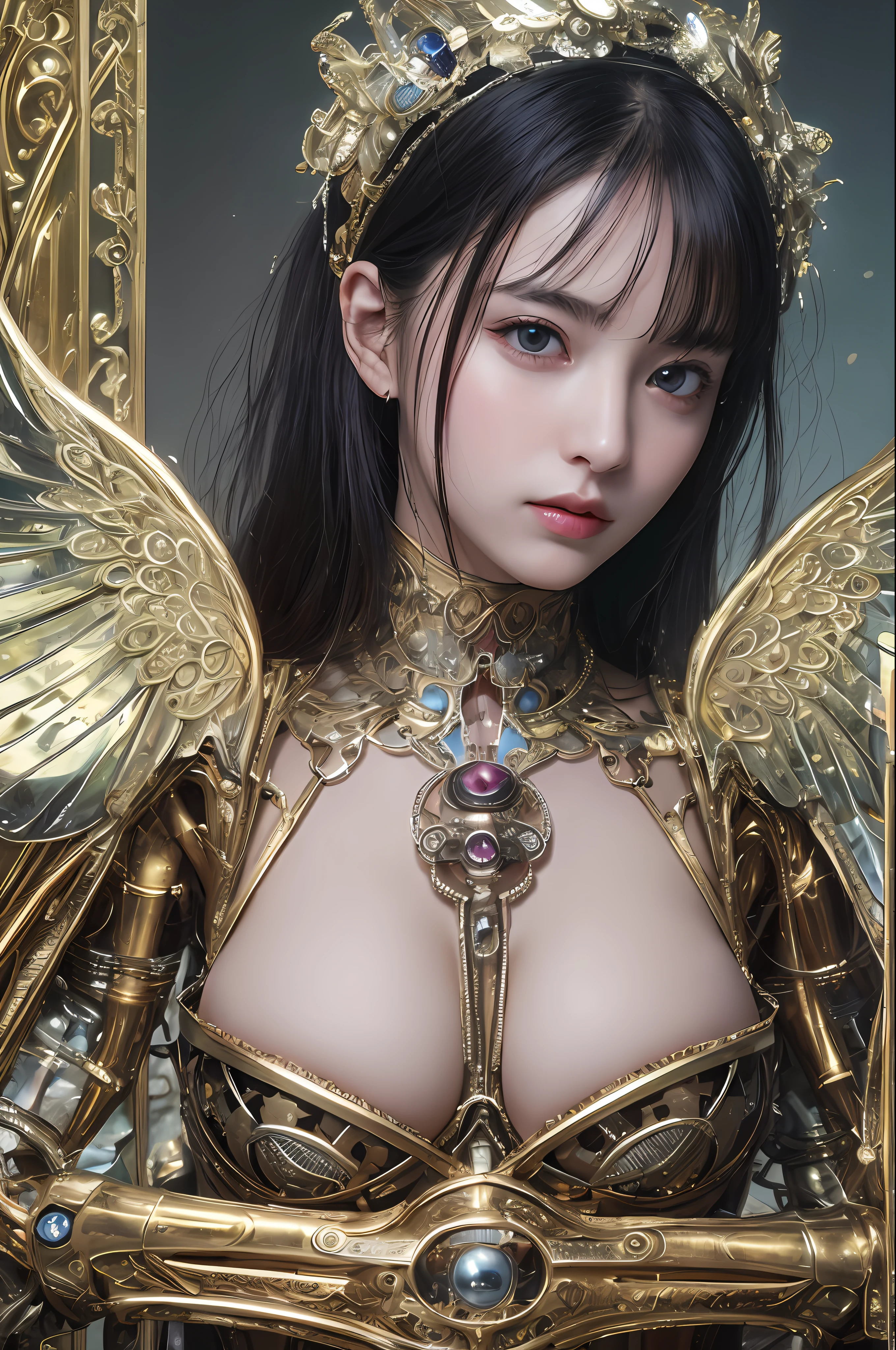 top-quality、masterpiece、超A high resolution、(Photorealsitic:1.4)、Raw photo、1人、Black hair、glowy skin、1 Mechanical Angel、large metal wings、Shining Angel Circle、((super realistic details))、portlate、globalillumination、Shadow、octan render、8K、ultrasharp、Colossal tits、Raw skin is exposed in cleavage、metals、Details of complex ornaments、Steampunk details、Hydraulic cylinder、highly intricate detail、Realistic light、a purple eye、radiant eyes、Facing the camera、neon details、Mechanical limbs、blood vessels connected to tubes、Mechanical vertebrae attached to the back、mechanical cervical attaching to neck、sitting on、Wires and cables connecting to the head、Small LED lamp、Sumerian details、