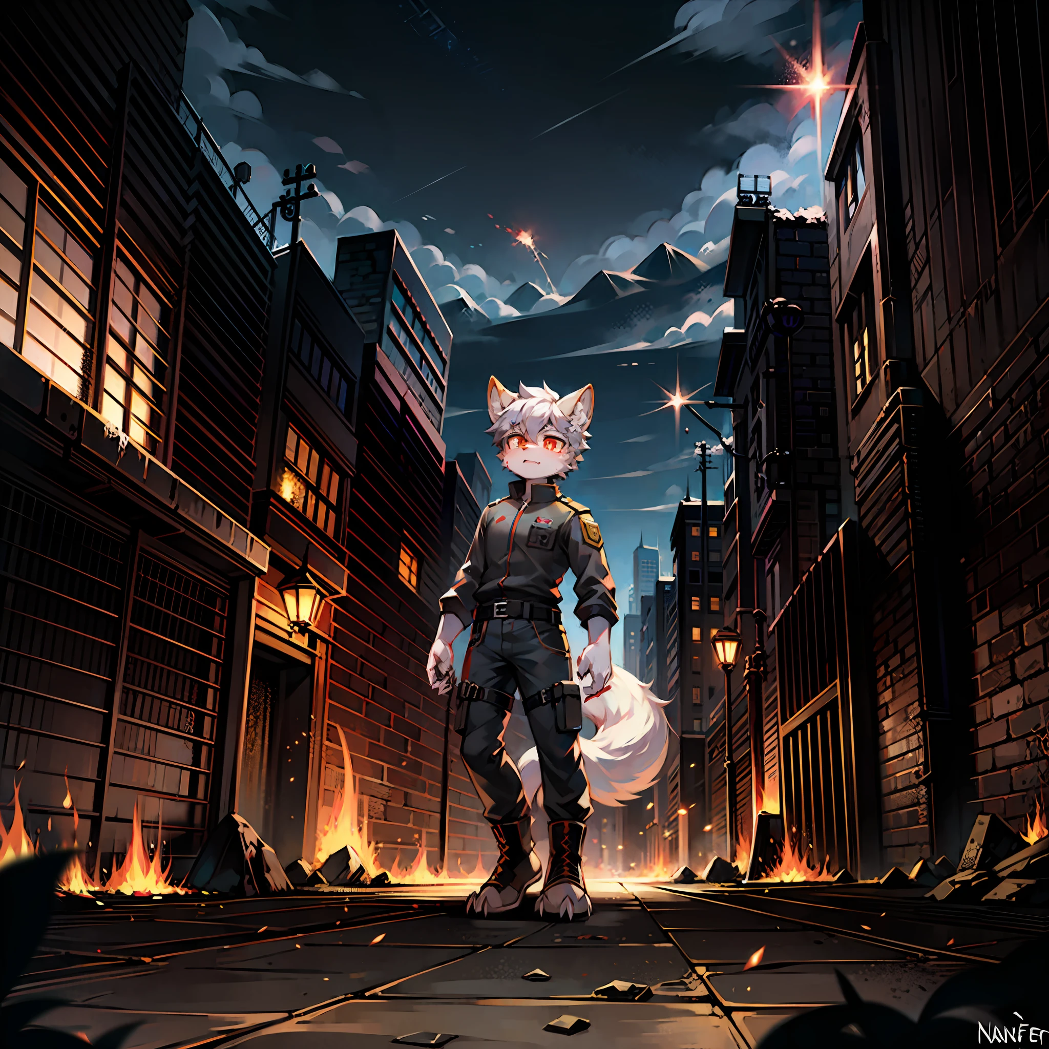 tmasterpiece,Best quality at best,high qulity,Ridiculous resolution,8K,Digital painting,Furry fur,Off-white fur:1.2,Full body fur:1.2,A fluffy boy,Human cubs:1.8,in a panoramic view,Golden left eye,Red right eye,Bright pupils,Fluffy tail,Wolf ears,Golden ear tips:1.2,Beast claws:1.2,Silver-gray special operations uniform:1.5,Whole body mechanical exoskeleton,Nanofiber gray top,Nanofiber gray combat pants,karate:10000,Military communication headsets,alert,Turn sideways to face the camera,The facial expression is fierce:1.8,disgust:1.2,Bloodthirsty personality,A large amount of blood on your body,Blood on your hands,Blood on your face,火焰,large flames,fires,Armageddon,Doomsday scenario,Large pieces of blood,blasts,big bang,Collapsed buildings,Burning vehicles,Burning tanks,shootout,Human corpses on the ground:1.2,Corpses on the ground:1.2,Rivers of blood flow,Blood,War ruins background,Sand,Desert plants,Ruined city architectural style background,Future architectural style background:1.8,(overcast day,Yellow-black cloud background:1.8,Gray sky background:1.8,Shady style:1.9)