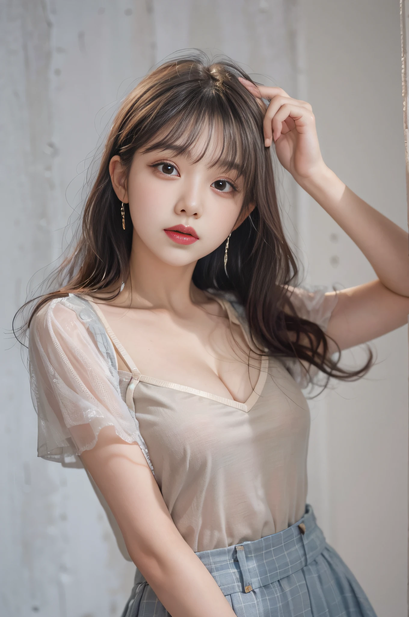 Top image quality、Raw photography、超A high resolution、18 year old cute Korean、Shooting for one person only、big round chest、Camisole、skirt by the、Shiny hair、Beautiful Eyes of Details、very elongated eyes、Beautiful eyelashes、Beautiful double eyelids、eyeshadows、耳Nipple Ring、Close-up shooting on the chest、Wall on grey background