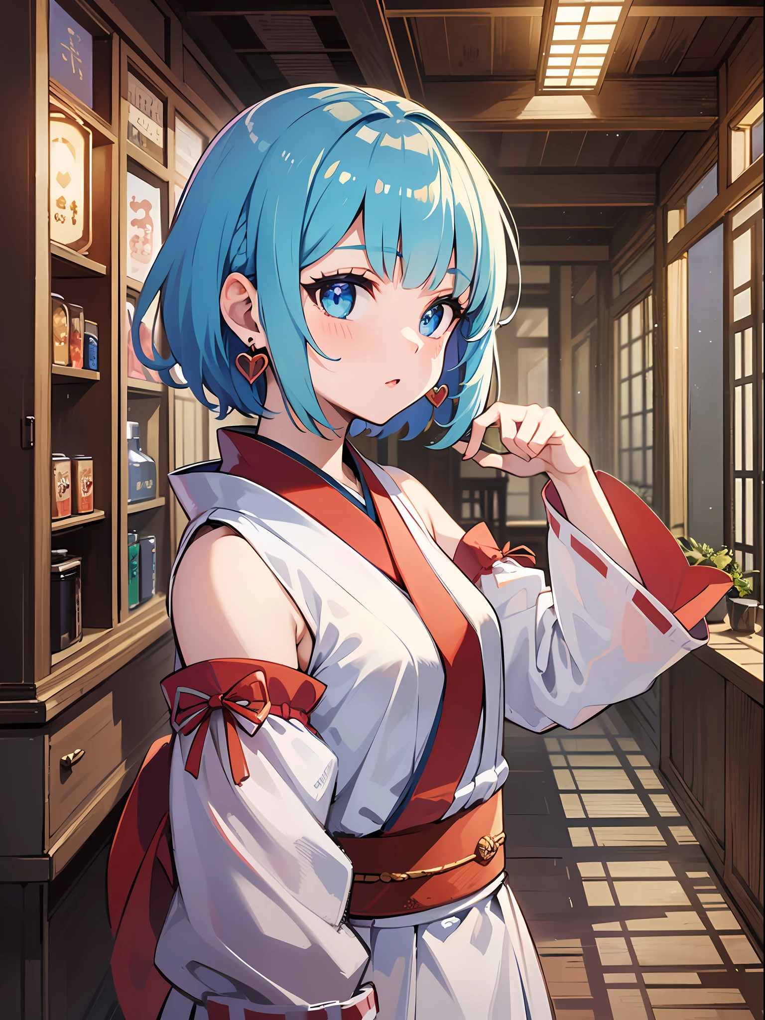 (masterpiece:1.3), (best quality:1.3), high resolution,
looking at viewer, dutch angle, overlook view, couboy shot,
body facing forward, falling flat,
(one cute girl:1.3), solo,
white skin, small Breast, eight-headed person,
light blue hair, (bobbed hair:1.2), (short hair:1.2), (blunt bangs:1.2), beautiful hair, blue eyes, beautiful detailed eyes,
heart, surprised,
shrine maiden, white and red clothes, detached sleeves, earrings,
indoors, japanese style town,
shadowlighting,