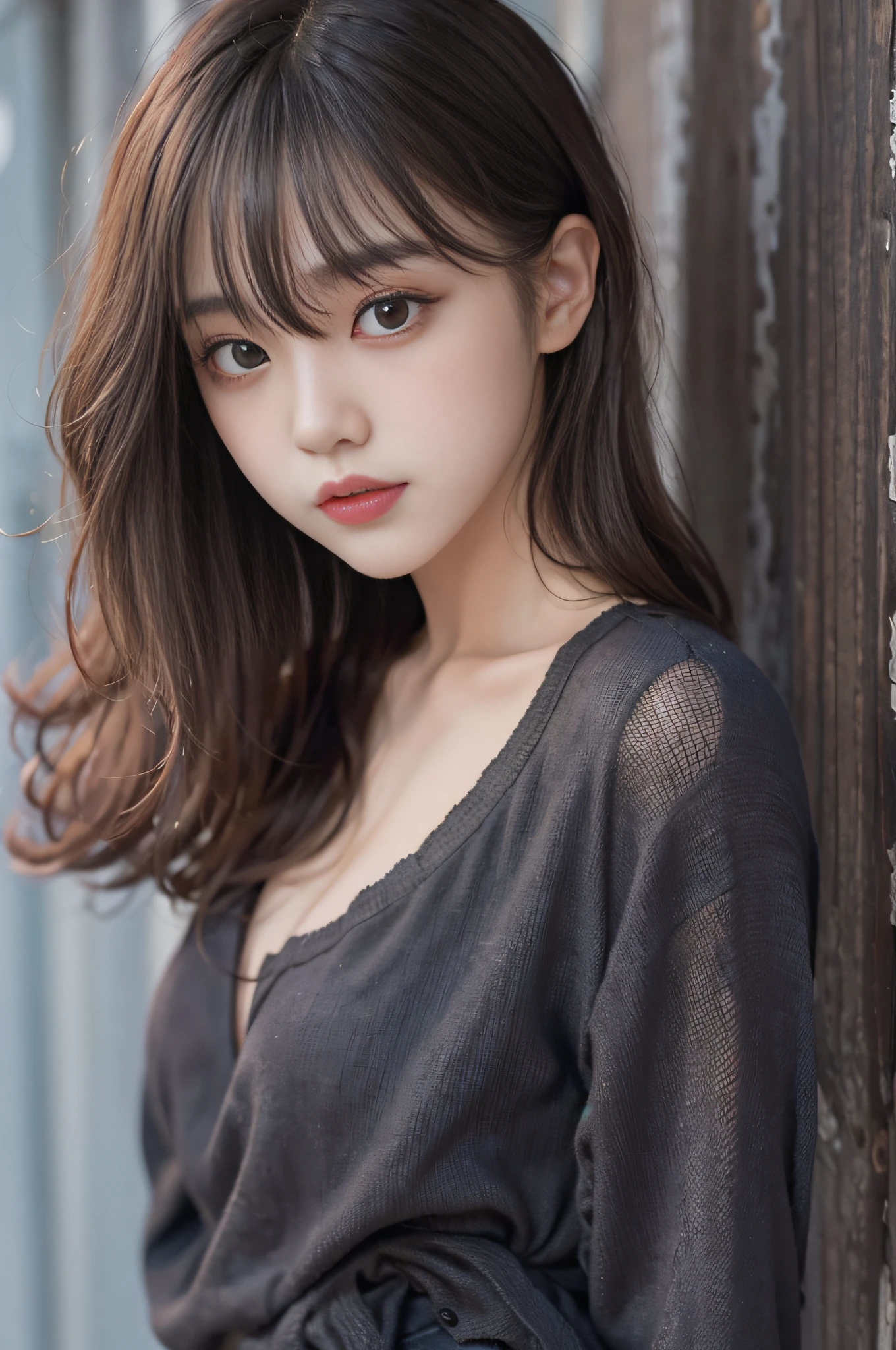 Top image quality、Raw photography、超A high resolution、18 year old cute Korean、Shooting for one person only、big round chest、Camisole、skirt by the、Shiny hair、Beautiful Eyes of Details、very elongated eyes、Beautiful eyelashes、Beautiful double eyelids、eyeshadows、耳Nipple Ring、Close-up shooting of breasts、Wall on grey background