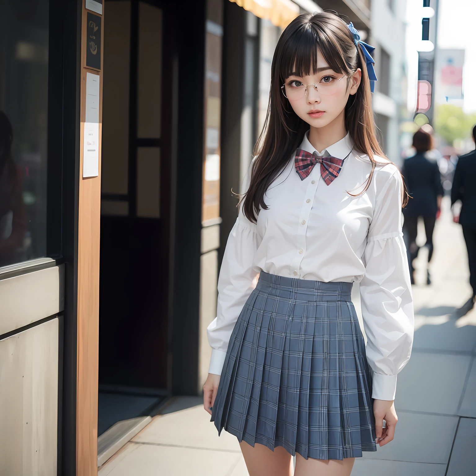 (8K、Raw photography、top-quality、masterpiece:1.2),absurderes,a small face,small tits,flat breast,Parting the bangs from the middle、Forehead visible,(Tight eyes,Bullish,skinny,Rasping,irate)、masterpiece,top-quality、超A high resolution,Raw photo,ren,Beautiful fece,One Person, 独奏,eye glass,,Dark look,Small breasts,fullllbody,Round glasses、cute little、A Japanese Lady,is standing,(Tight eyes,Bullish,skinny,Rasping,irate,small tits,flat breast)、(Photorealsitic:1.37)、Photon mapping,Light blue ribbon,Realistic、Cute little face,Brown-eyed、Black socks、(Red bow tie)、Radio City、Physically Based Rendering、Foreground、depth of fields、Blurry background、a picture,The girls、Body, Long legs, Thin leg, poneyTail,(Bangs are visible), hair, s lips, Blue_The eye, nosesoft,White shirt, Navy blue and white plaid pleated skirt, Sheer clothing,, Thigh, Black cotton socks,Nogizaka Idol, 女優, Japanese ido