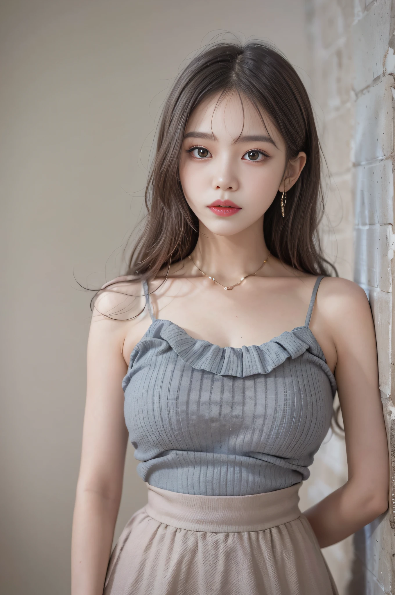Top image quality、Raw photography、超A high resolution、18 year old cute Korean、Shooting for one person only、big round chest、Camisole、skirt by the、Shiny hair、Beautiful Eyes of Details、very elongated eyes、Beautiful eyelashes、Beautiful double eyelids、eyeshadows、耳Nipple Ring、Close-up shooting of breasts、Wall on grey background