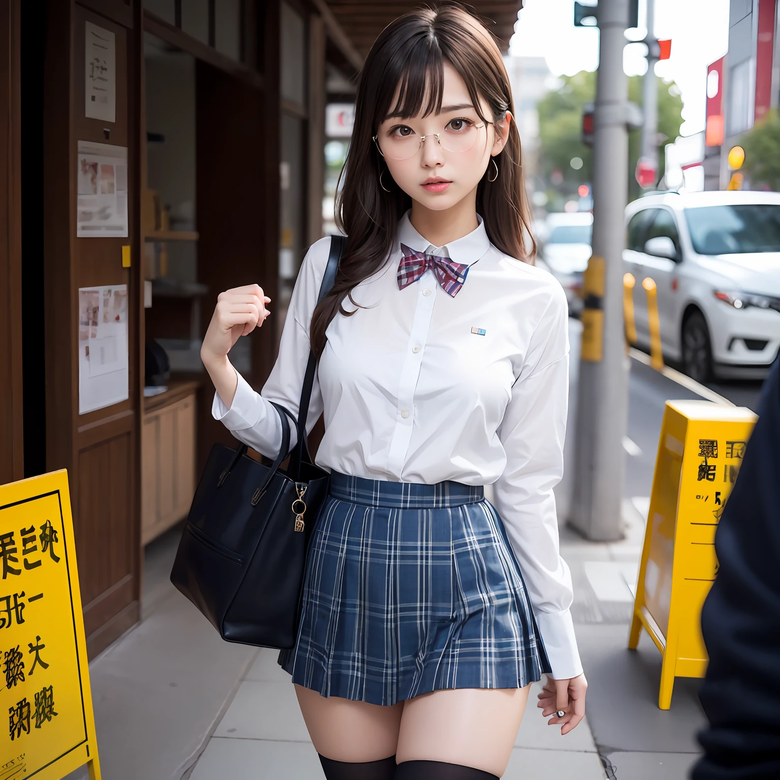 (8K、Raw photography、top-quality、masterpiece:1.2),absurderes,a small face,small tits,flat breast,Parting the bangs from the middle、Forehead visible,(Tight eyes,Bullish,skinny,Rasping,irate)、masterpiece,top-quality、超A high resolution,Raw photo,ren,Beautiful fece,One Person, 独奏,eye glass,,Dark look,Small breasts,fullllbody,Round glasses、cute little、A Japanese Lady,is standing,(Tight eyes,Bullish,skinny,Rasping,irate,small tits,flat breast)、(Photorealsitic:1.37)、Photon mapping,Light blue ribbon,Realistic、Cute little face,Brown-eyed、Black socks、(Red bow tie)、Radio City、Physically Based Rendering、Foreground、depth of fields、Blurry background、a picture,The girls、Body, Long legs, Thin leg, poneyTail,(Bangs are visible), hair, s lips, Blue_The eye, nosesoft,White shirt, Navy blue and white plaid pleated skirt, Sheer clothing,, Thigh, Black cotton socks,Nogizaka Idol, 女優, Japanese ido