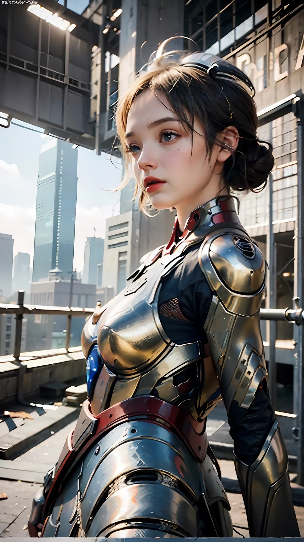 (1girl:1.3), solo,__body-parts__, official art, unity 8k wallpaper, ultra detailed, beautiful and aesthetic, beautiful, masterpiece, best quality, RAW, masterpiece, super fine photo,, best quality, super high Resolution, photorealistic, sunlight, full body portrait, stunningly beautiful,, dynamic pose, delicate face, vibrant eyes, (side view), she is wearing a futuristic Iron Man mech, red and gold, Highly detailed abandoned warehouse background, detailed face, detailed complex busy background, messy, gorgeous, milky, high detailed skin, realistic skin details, visible pores, sharp focus, volumetric fog, 8k uhd, dslr camera, High quality, film grain, fair skin, photorealism, lomography, sprawling metropolis in a futuristic dystopia, view from below, translucent