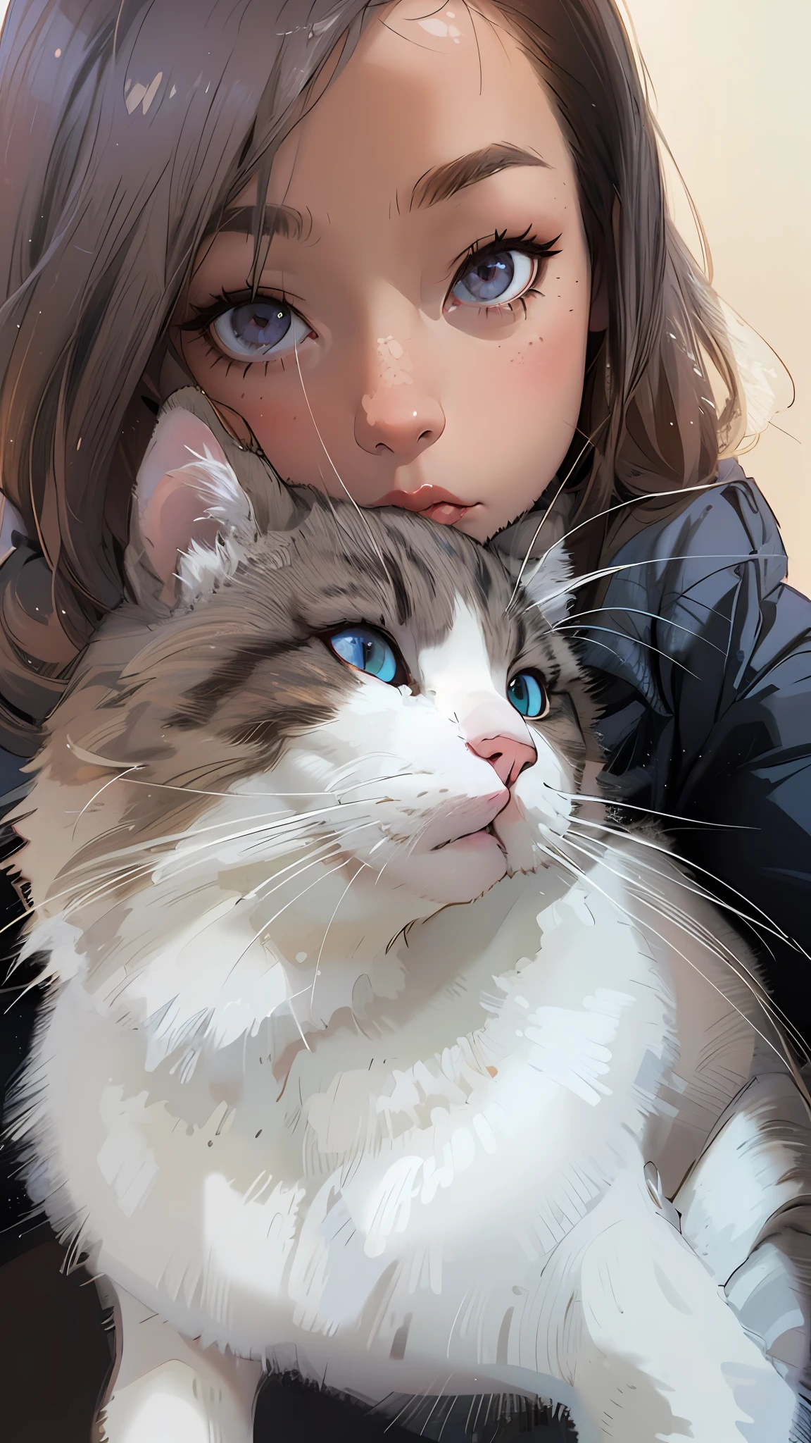 The white cat sits on the woman's shoulders, big cheeks holding her cat, she is holding a cat in her arms, cat photo, there is a cat next to her, taken with sony alpha 9, very beautiful cute catgirl, Holding a cat, with small cat on lap, The cat is fluffy, woman / cat hybrid