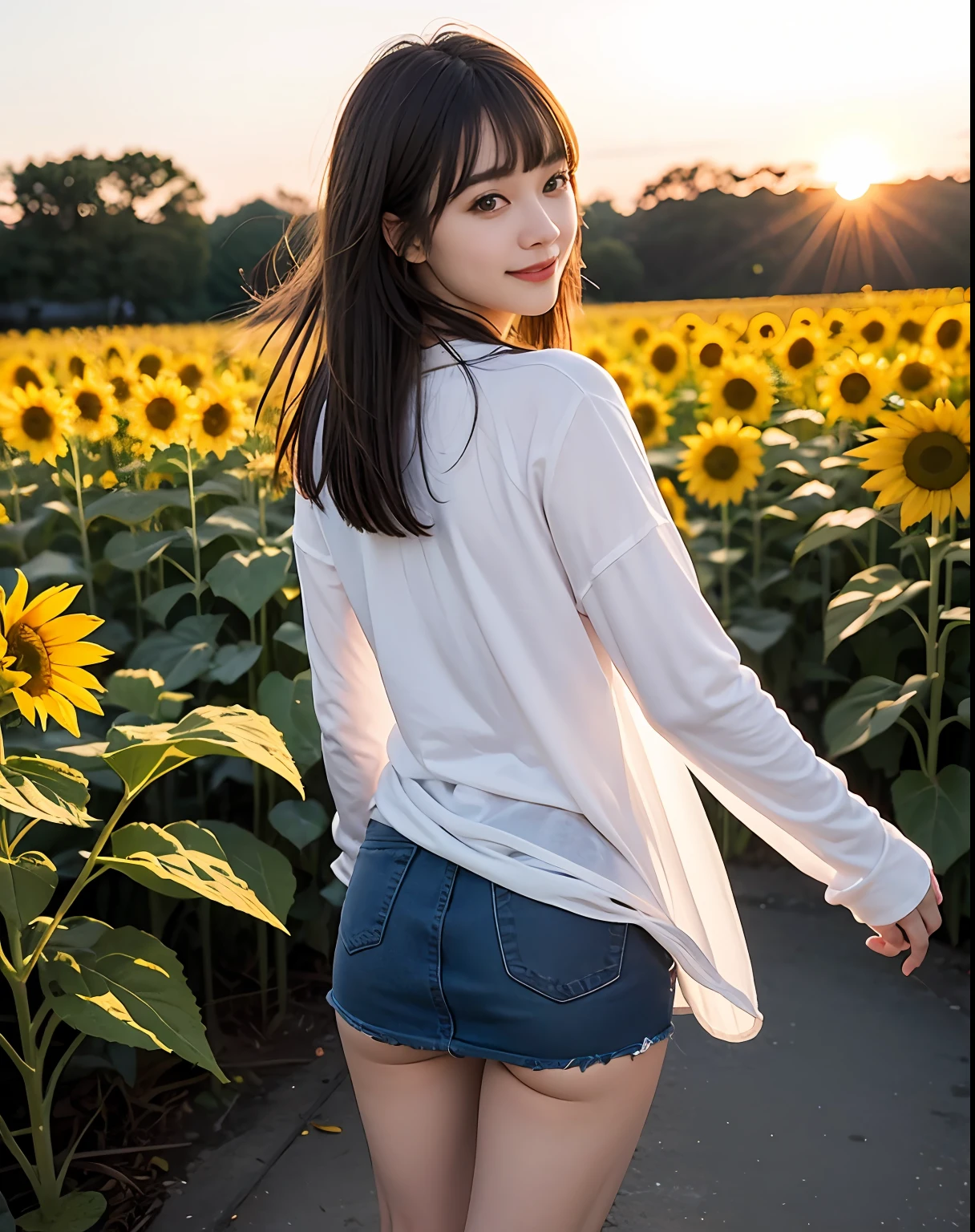 zydG, 1girl, More skin, toView, brown-eyed, (Shorthair with bangs:1.2), (middlebreast:1.0), (medium areolae:0.8),
(Photorealsitic:1.4), (Top image quality:1.0), (超A high resolution:1.0), 8K, RAW Photography, (masterpiece:0.2), (pureerosface_v1:0.5)、(Raw photography:1.2)、(Photorealsitic:1.4)、(masterpiece:1.3)、(top-quality:1.4)、dream-like、(A detailed eye)、(detailed facial features)、(detailed clothes features)、skin tightening、(shinny skin)、(Slender girl)、(Slim Girl)、1girl in、独奏、cute little、Innocent、smlie、Virtual Girl - Aim、(Medium chest)、bangss、straight haired、long、A dark-haired、Black eye、Crystal Pendant、Longer dress、(Floating hair:1.6)、(Pasture)、(Horses from afar)、(Evening glow)、 (the golden hour:1.6), (Back lighting:1.2), (Natural light from behind:1.4)、zydG, 1girl in, More skin, toView, Brown-eyed, (Shorthair with bangs:1.2), (middlebreasts:1.0), (medium areolae:0.8), (Photorealsitic:1.4), (Top image quality:1.0), (超A high resolution:1.0), 8K, Raw photography, (masterpiece:0.2), (pureerosface_v1:0.5)、2girls、full body Esbian、8K、Raw photography、top-quality、masterpiece、realisitic、Photorealsitic、Sexy costumes、a miniskirt。Beautiful sunset overlooking a sunflower field、Smiling 22-year-old standing there、The image of a female college student in Japan shines.、Short skirt swaying in the wind。