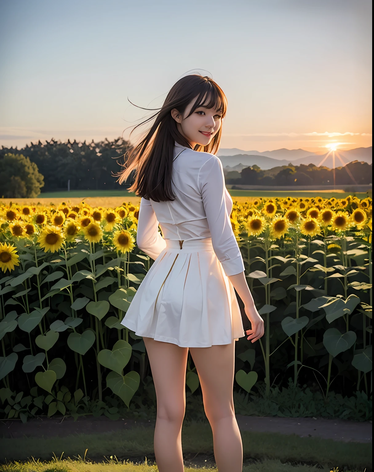 zydG, 1girl, More skin, toView, brown-eyed, (Shorthair with bangs:1.2), (middlebreast:1.0), (medium areolae:0.8),
(Photorealsitic:1.4), (Top image quality:1.0), (超A high resolution:1.0), 8K, RAW Photography, (masterpiece:0.2), (pureerosface_v1:0.5)、(Raw photography:1.2)、(Photorealsitic:1.4)、(masterpiece:1.3)、(top-quality:1.4)、dream-like、(A detailed eye)、(detailed facial features)、(detailed clothes features)、skin tightening、(shinny skin)、(Slender girl)、(Slim Girl)、1girl in、独奏、cute little、Innocent、smlie、Virtual Girl - Aim、(Medium chest)、bangss、straight haired、long、A dark-haired、Black eye、Crystal Pendant、Longer dress、(Floating hair:1.6)、(Pasture)、(Horses from afar)、(Evening glow)、 (the golden hour:1.6), (Back lighting:1.2), (Natural light from behind:1.4)、zydG, 1girl in, More skin, toView, Brown-eyed, (Shorthair with bangs:1.2), (middlebreasts:1.0), (medium areolae:0.8), (Photorealsitic:1.4), (Top image quality:1.0), (超A high resolution:1.0), 8K, Raw photography, (masterpiece:0.2), (pureerosface_v1:0.5)、2girls、full body Esbian、8K、Raw photography、top-quality、masterpiece、realisitic、Photorealsitic、Sexy costumes、a miniskirt。Beautiful sunset overlooking a sunflower field、Smiling 22-year-old standing there、The image of a female college student in Japan shines.、Short skirt swaying in the wind。