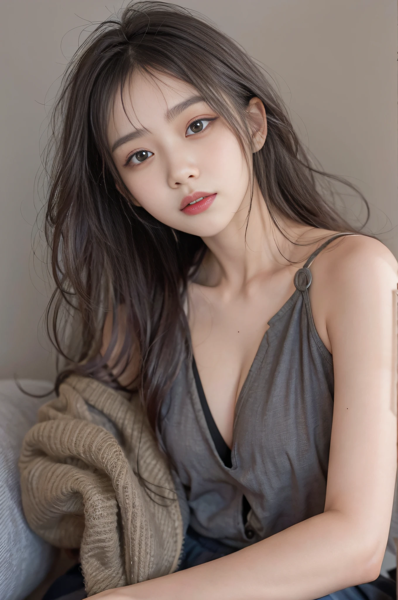 Top image quality、Raw photography、超A high resolution、18 year old cute Korean、Shooting for one person only、big round chest、Camisole、skirt by the、Shiny hair、Beautiful Eyes of Details、very elongated eyes、Beautiful eyelashes、Beautiful double eyelids、eyeshadows、耳Nipple Ring、Close-up shooting of breasts、Wall on grey background