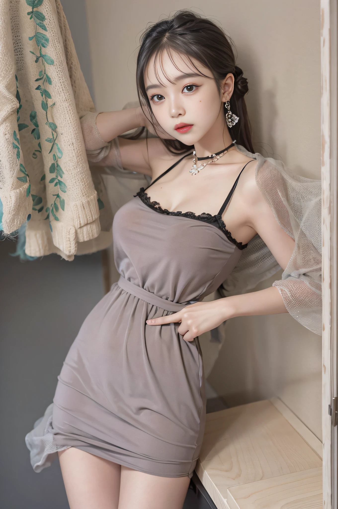 Top image quality、Raw photography、超A high resolution、18 year old cute Korean、Shooting for one person only、big round chest、Camisole、skirt by the、Shiny hair、Beautiful Eyes of Details、very elongated eyes、Beautiful eyelashes、Beautiful double eyelids、eyeshadows、耳Nipple Ring、Close-up shooting of breasts、Wall on grey background