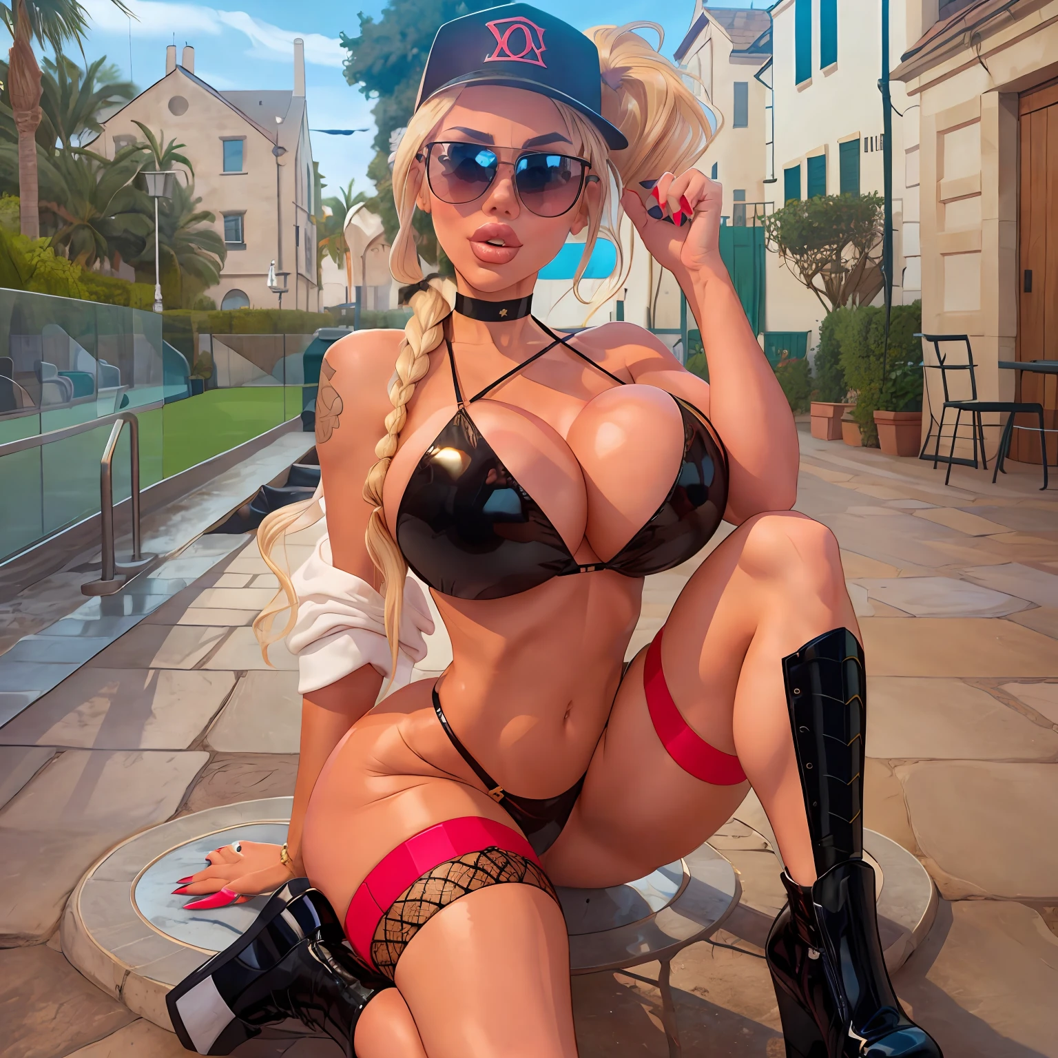 bimbo, jen herron, coxville stories, 20 years old, platform boots, perfect fake boobs, round fake breasts, ponytail hairstyle, blonde hair, sunglasses, latex, choker, baseball cap,