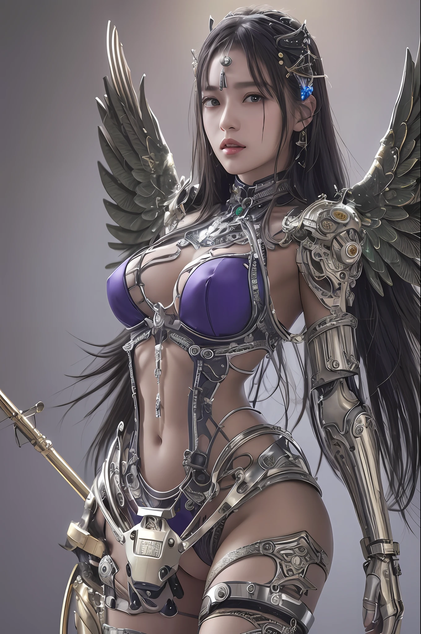 top-quality、​masterpiece、超A high resolution、(Photorealsitic:1.4)、Raw photo、女の子1人、Black hair、glowy skin、1 Mechanical Angel、large metal wings、Shining Angel Circle、((super realistic details))、portlate、globalillumination、Shadow、octan render、8K、ultrasharp、Colossal tits、Raw skin is exposed in cleavage、metals、Details of complex ornaments、Steampunk details、gear wheel、Hydraulic cylinder、highly intricate detail、Realistic light、a purple eye、radiant eyes、Facing the camera、neon details、Mechanical limbs、blood vessels connected to tubes、Mechanical vertebrae attached to the back、mechanical cervical attaching to neck、cowboy  shot、Wires and cables connecting to the head、Small LED lamp、Sumerian details、