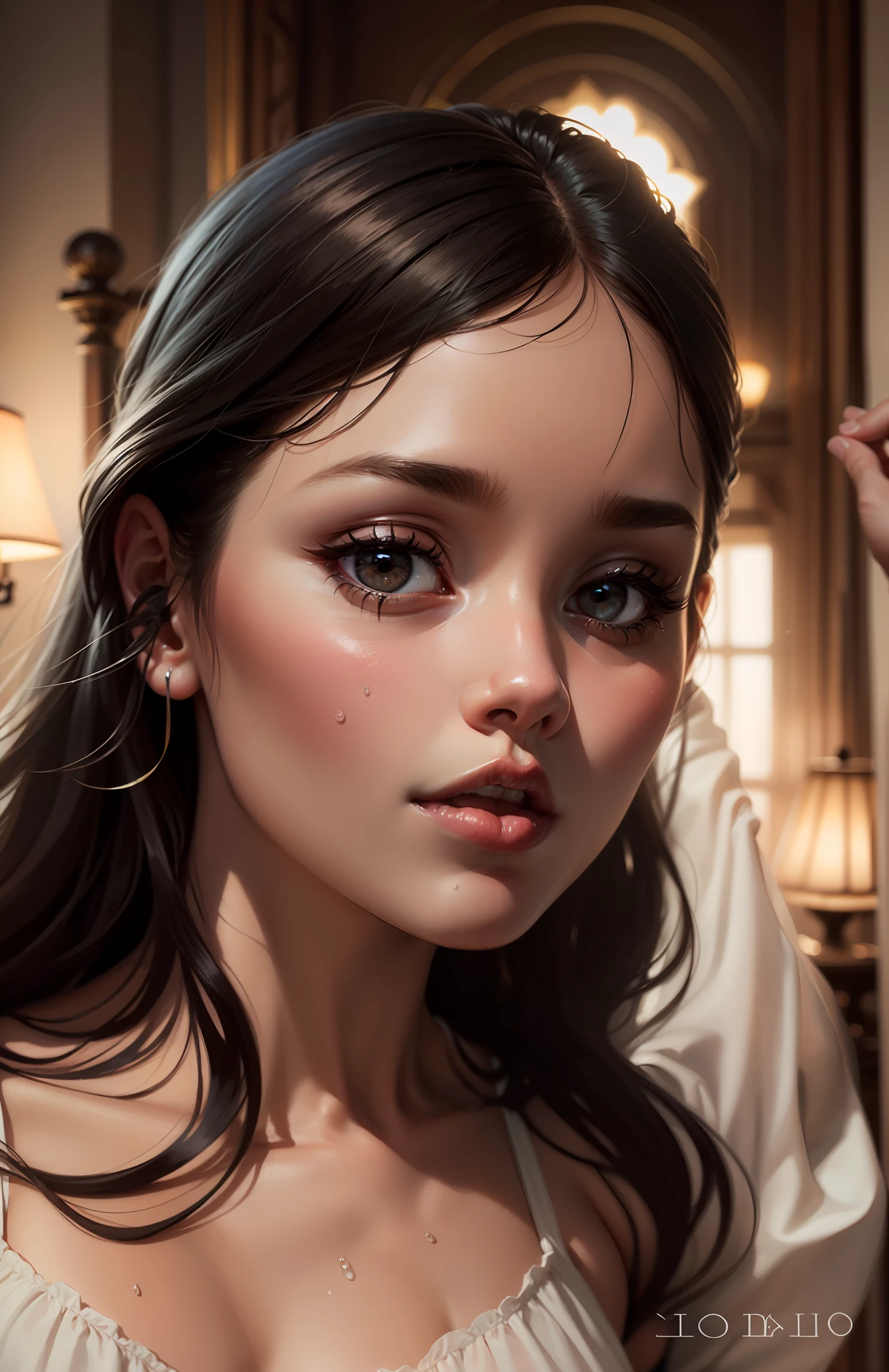 (Masterpiece), best quality, female, in bed, tied with ribbon, wet white blouse, panties, dark hair, light skin, arms raised, sfw, sensual