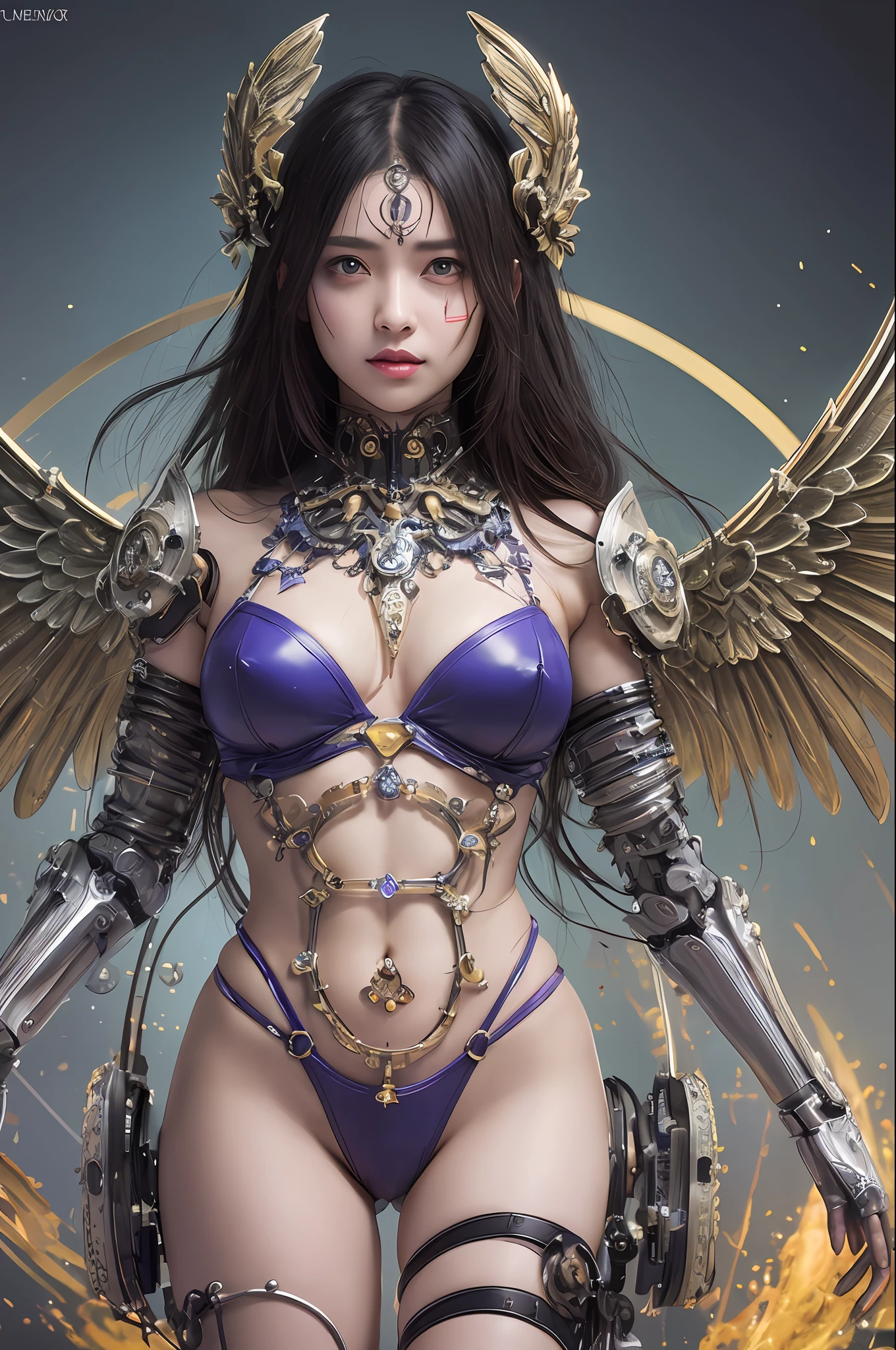 top-quality、​masterpiece、超A high resolution、(Photorealsitic:1.4)、Raw photo、女の子1人、Black hair、glowy skin、1 Mechanical Angel、large metal wings、Shining Angel Circle、((super realistic details))、portlate、globalillumination、Shadow、octan render、8K、ultrasharp、Colossal tits、Raw skin is exposed in cleavage、metals、Details of complex ornaments、Steampunk details、gear wheel、Hydraulic cylinder、highly intricate detail、Realistic light、a purple eye、radiant eyes、Facing the camera、neon details、Mechanical limbs、blood vessels connected to tubes、Mechanical vertebrae attached to the back、mechanical cervical attaching to neck、cowboy  shot、Wires and cables connecting to the head、Small LED lamp、Sumerian details、