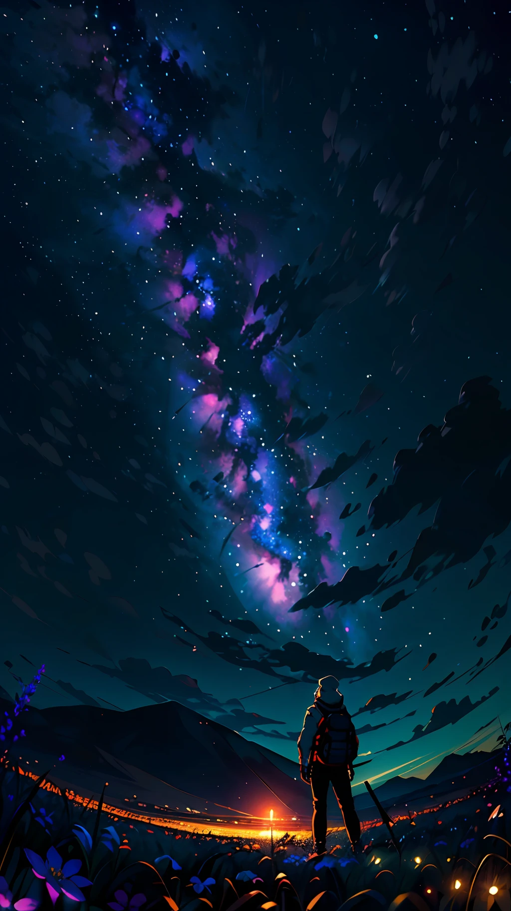 A wide landscape photo, (viewed from below, the sky is above, and the open field is below), a girl standing on a flower field looking up, (full moon: 1.2), (meteor: 0.9), (nebula: 1.3), distant mountains , Trees BREAK Crafting Art, (Warm Light: 1.2), (Firefly: 1.2), Lights, Lots of Purple and Orange, Intricate Details, Volumetric Lighting BREAK (Masterpiece: 1.2), (Best Quality), 4k, Ultra Detailed, (Dynamic Composition: 1.4), Rich in Detail and Color, (Rainbow Color: 1.2), (Glow, Atmospheric Lighting), Dreamy, Magical, (Solo: 1.2)