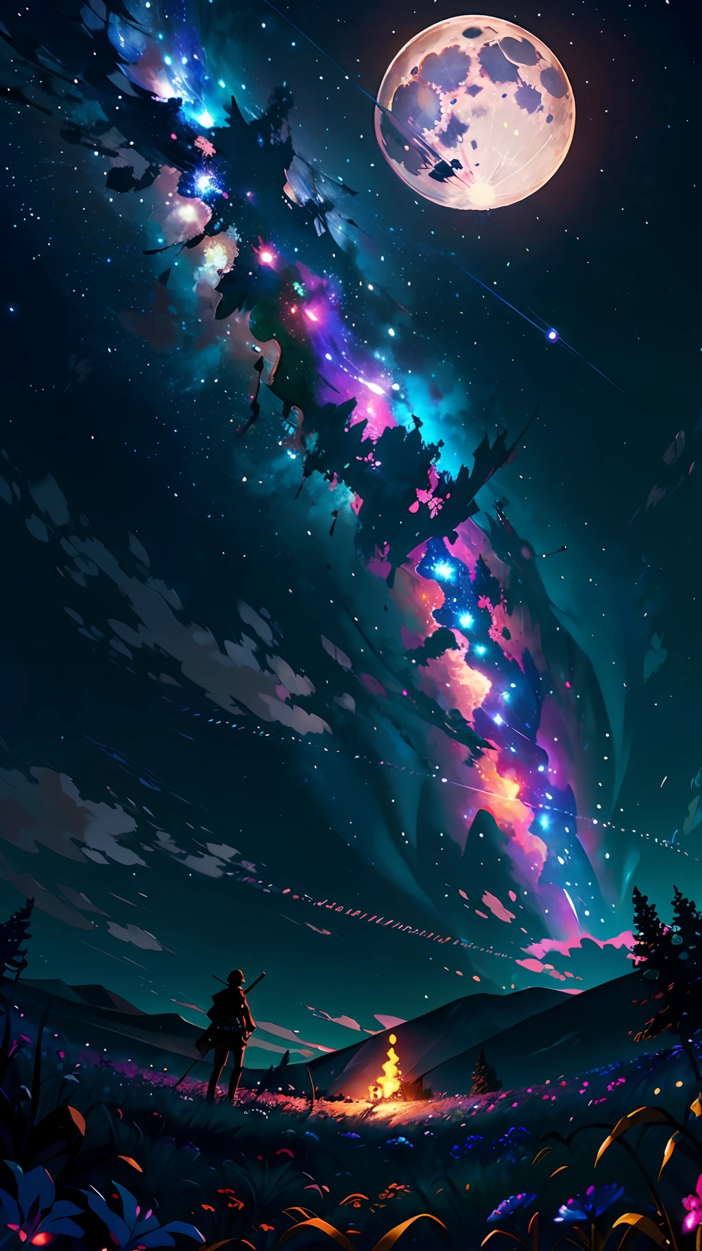 A wide landscape photo, (viewed from below, the sky is above, and the open field is below), a girl standing on a flower field looking up, (full moon: 1.2), (meteor: 0.9), (nebula: 1.3), distant mountains , Trees BREAK Crafting Art, (Warm Light: 1.2), (Firefly: 1.2), Lights, Lots of Purple and Orange, Intricate Details, Volumetric Lighting BREAK (Masterpiece: 1.2), (Best Quality), 4k, Ultra Detailed, (Dynamic Composition: 1.4), Rich in Detail and Color, (Rainbow Color: 1.2), (Glow, Atmospheric Lighting), Dreamy, Magical, (Solo: 1.2)
