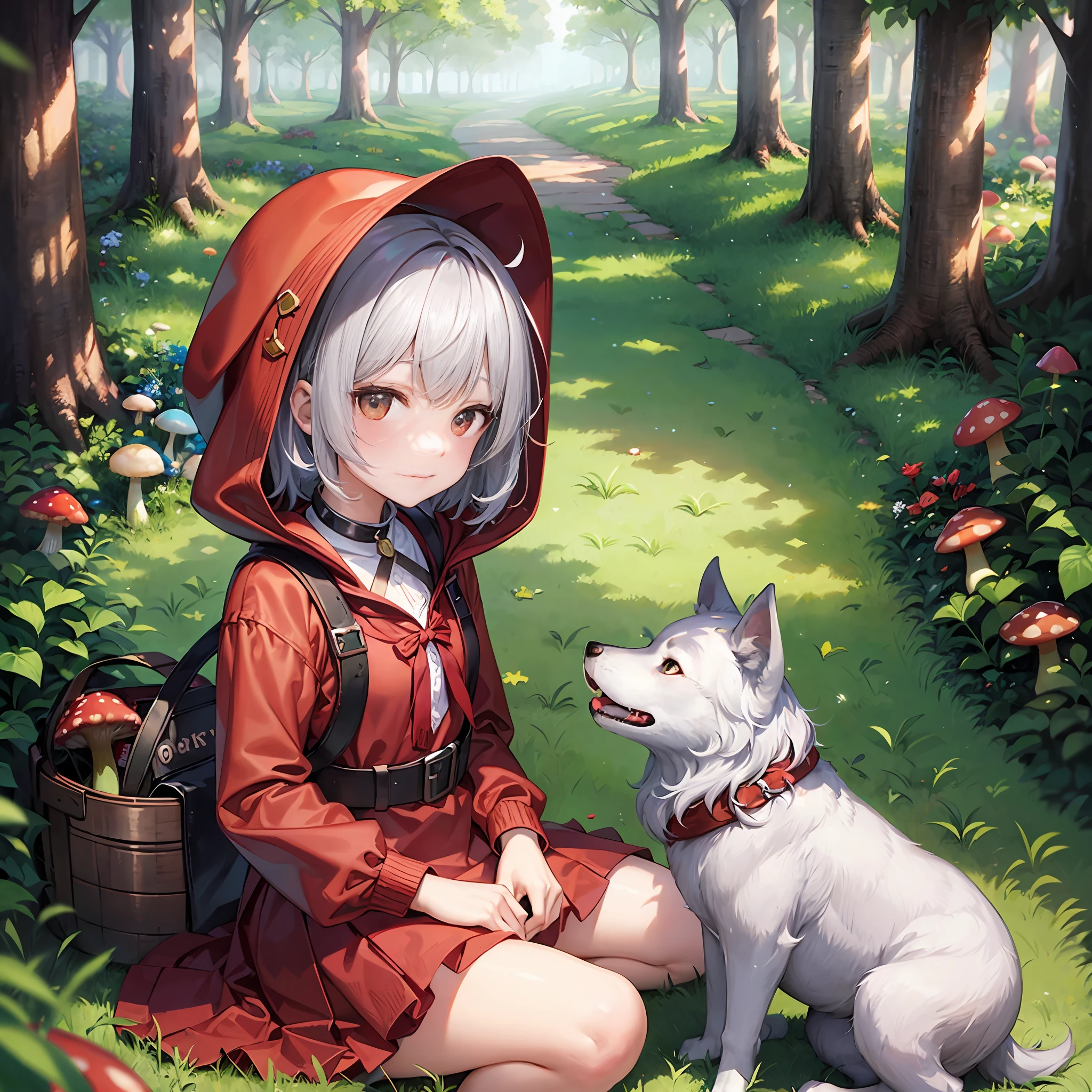 loli,  silver hair, short hair, Little Red Riding Hood，red hood, hood up, red dress, skirt basket, mushroom，Wolf Grandma，