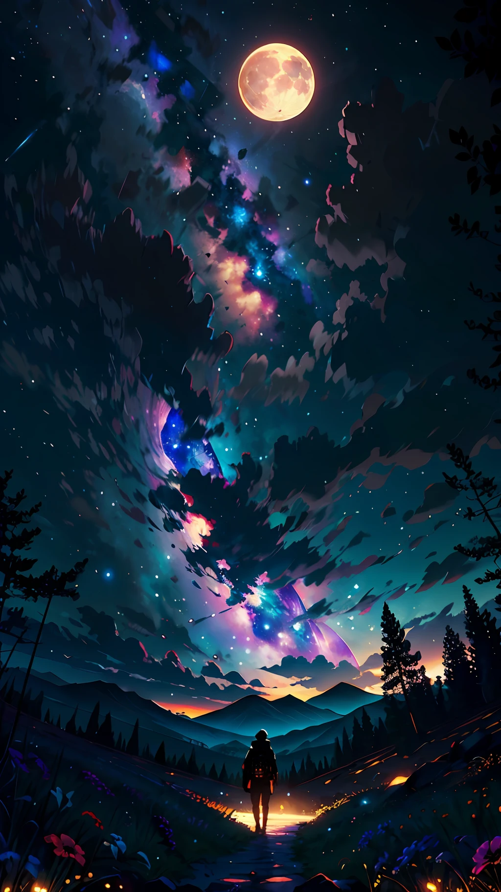 A wide landscape photo, (viewed from below, the sky is above, and the open field is below), a girl standing on a flower field looking up, (full moon: 1.2), (meteor: 0.9), (nebula: 1.3), distant mountains , Trees BREAK Crafting Art, (Warm Light: 1.2), (Firefly: 1.2), Lights, Lots of Purple and Orange, Intricate Details, Volumetric Lighting BREAK (Masterpiece: 1.2), (Best Quality), 4k, Ultra Detailed, (Dynamic Composition: 1.4), Rich in Detail and Color, (Rainbow Color: 1.2), (Glow, Atmospheric Lighting), Dreamy, Magical, (Solo: 1.2)